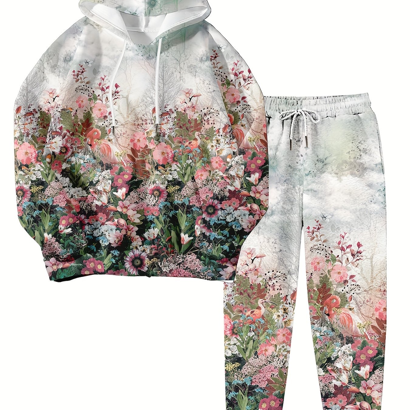 TEMU Plus Size, Plus-size Women's 2pcs Set: Fashionable Casual Floral Print Hoodie With Drawstring, Long Sleeves, And Pants Featuring Stretch,