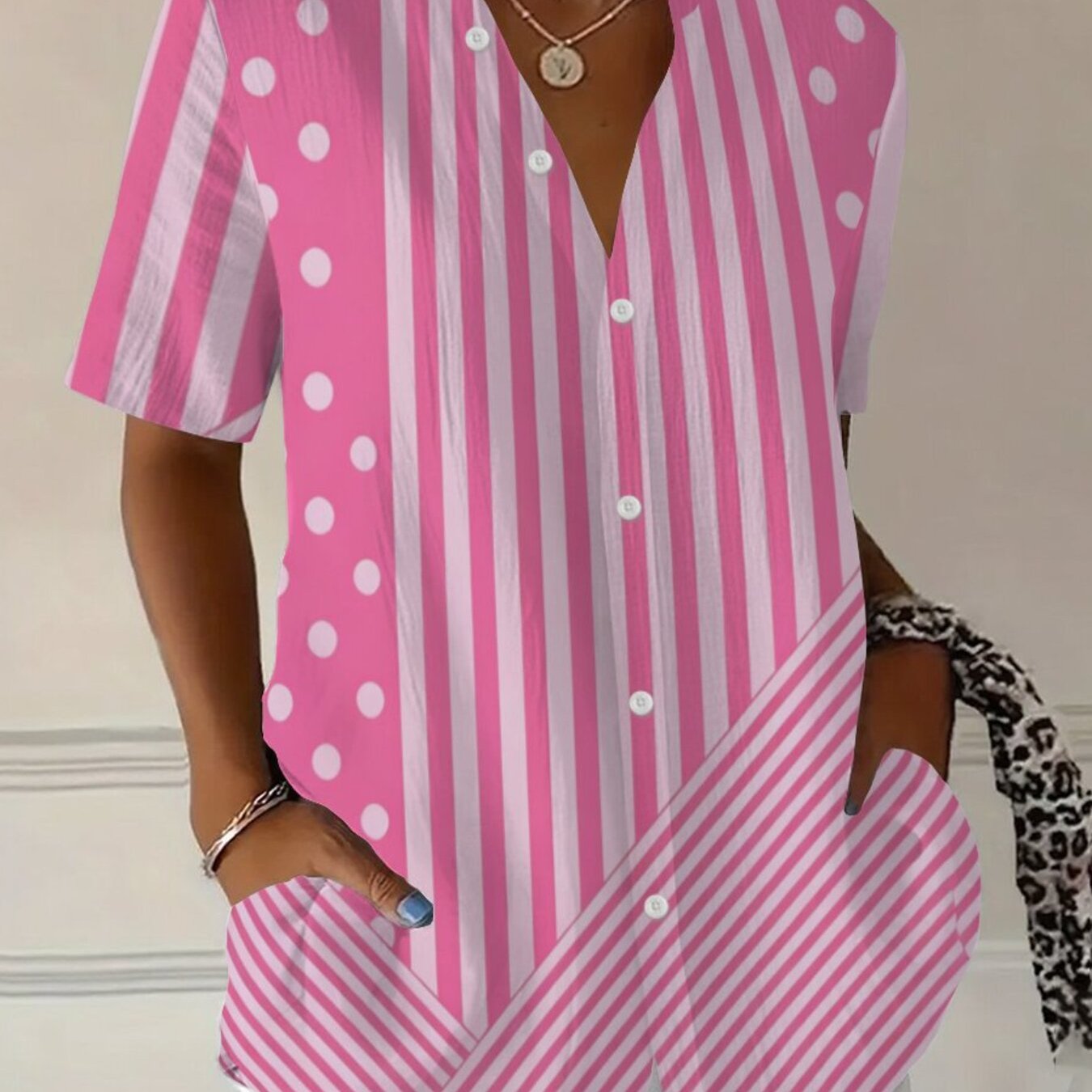 TEMU Summer Plus Size Women's Pink Striped Polka Dot Printed Short Sleeve Shirt, Casual Commute Beach Vacation Loose Casual Button-up Cardigan