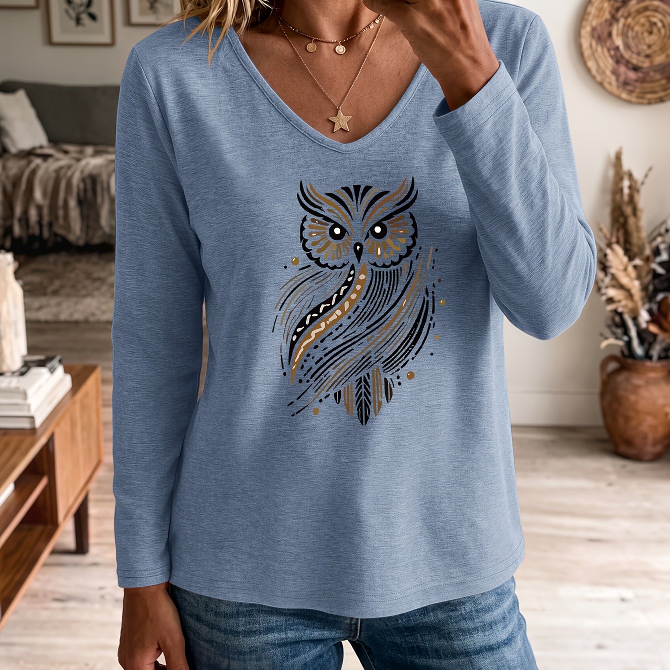 TEMU Ethnic Owl Print V-neck T-shirt - Suitable For Casual & Layering, Machine Washable -compatible Basic Top With V-neck Collar, - Casual Attire For