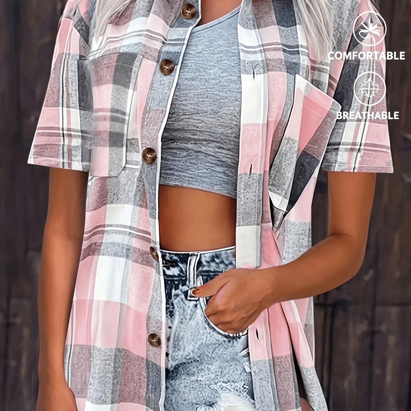 Image of Plus Size - Plus Size - Plus Size Women's Print Short Sleeve Shirt