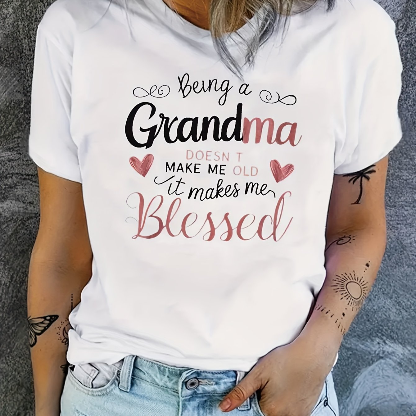 TEMU Women's Chic Letter-print T-shirt, A Comfortable And Casual Short-sleeve Crewneck Tee From Grandma, Suitable For Daily Wear And Stylish Layering