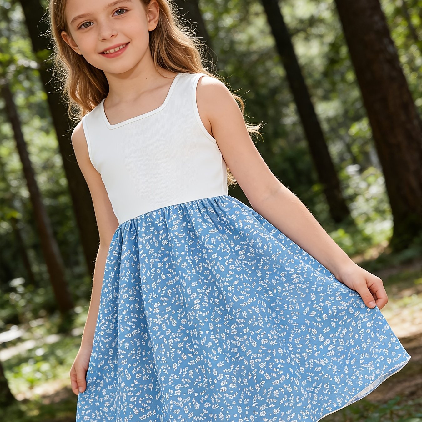 Image of Girls' Spring Summer Dress, Mid-length Elegant Fashion Versatile Dress Vest Dress, Small Floral Dress