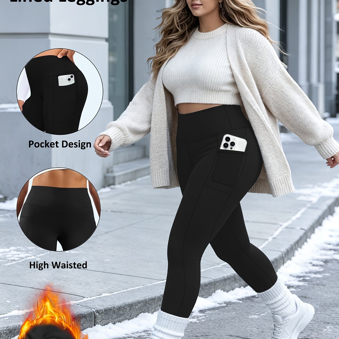 TEMU Plus Size Women's High-waist Fleece-lined Warm Yoga Leggings, Women's High-stretch Tummy Control Side Pocket Fall Winter Thick Tight Trousers,