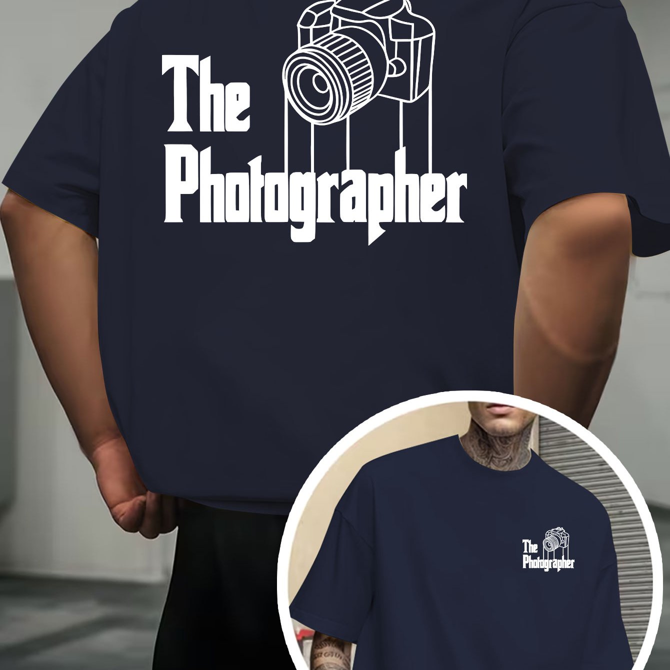 TEMU Photographer Camera T-shirt, Featuring A Line Art Illustration Of An Slr Camera And "the Photographer" Text Printed On Front And Back. This