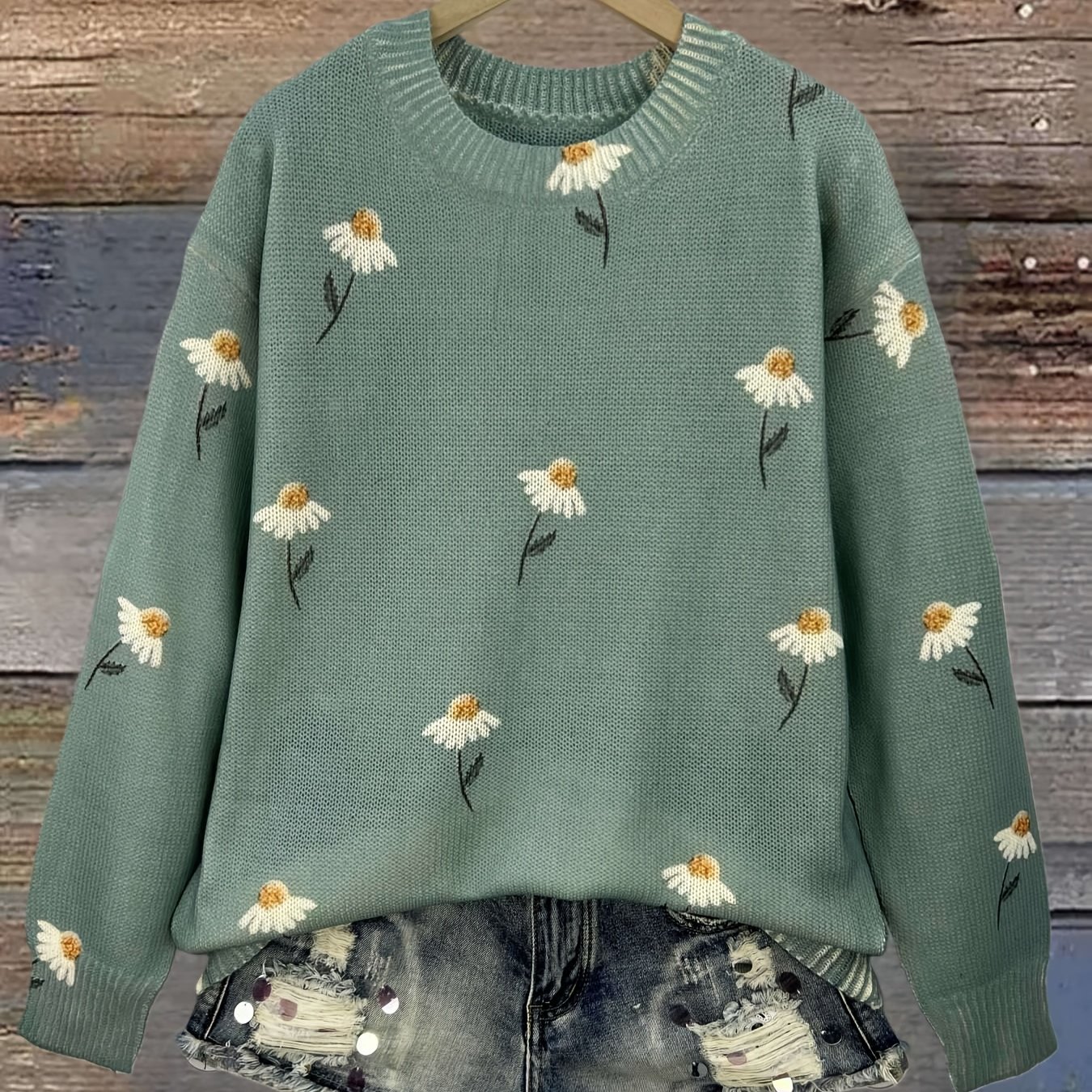 E-shop Große Größen - Herbst Winter Mode Neu Mädchenhaft Vielseitig Rundhals Langarm Damen Top Blumenmuster Flacher Digitaldruck Trendige