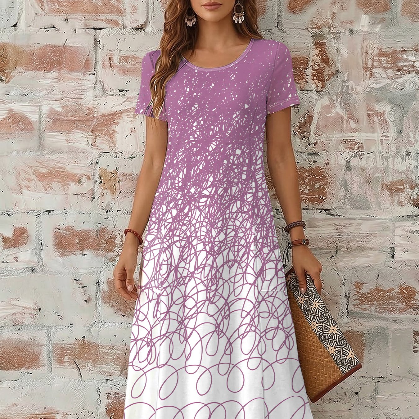 TEMU Women's Casual Dress - Line Pattern Gradient Print - Round Neck Short Sleeve Pocket Long Dress - Women's Beach Dress - Summer Loose Dress