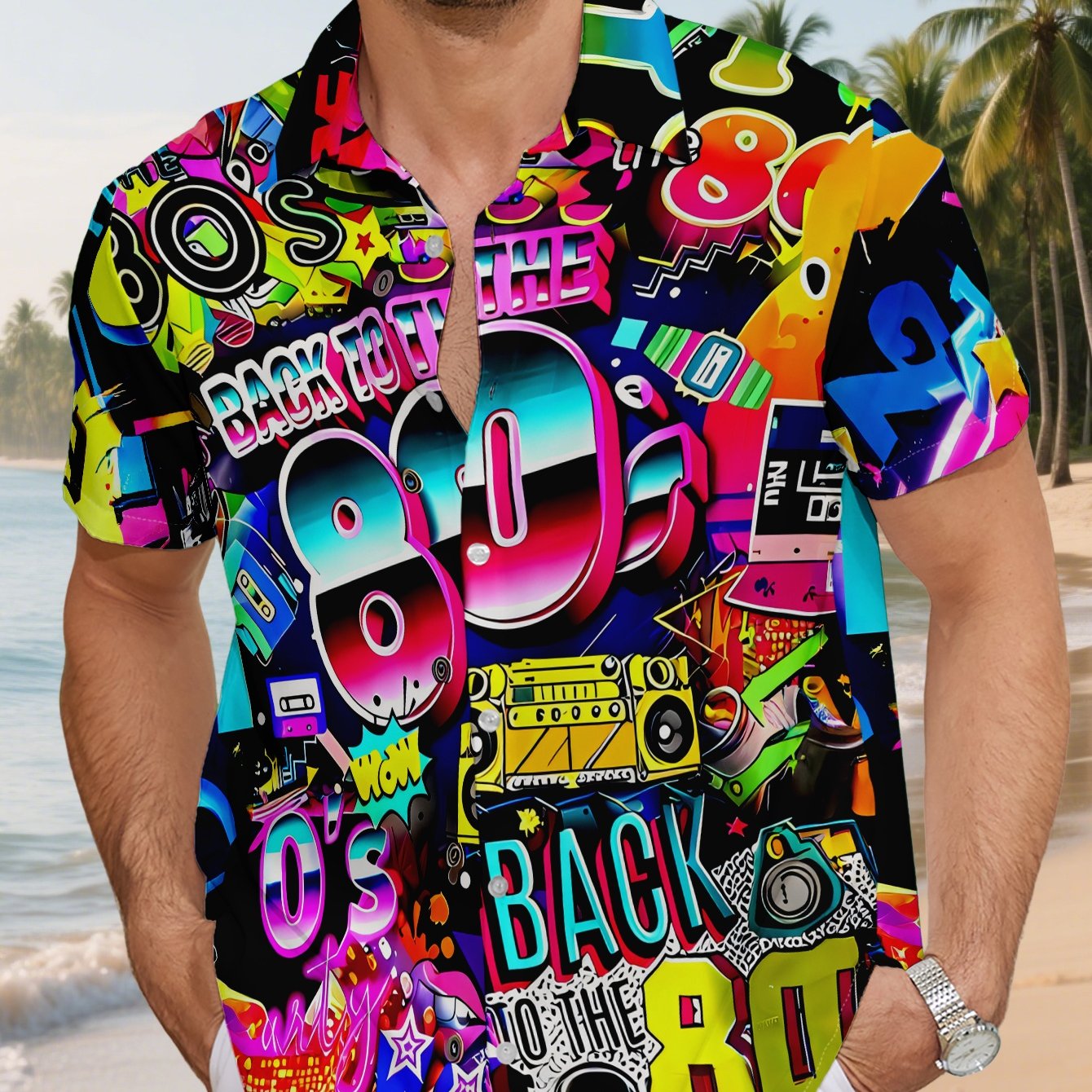 TEMU Men's 80s Retro Short Sleeve Shirt, Trendy Casual Top, Theme Design, Casual Daily, Travel Vacation Suitable