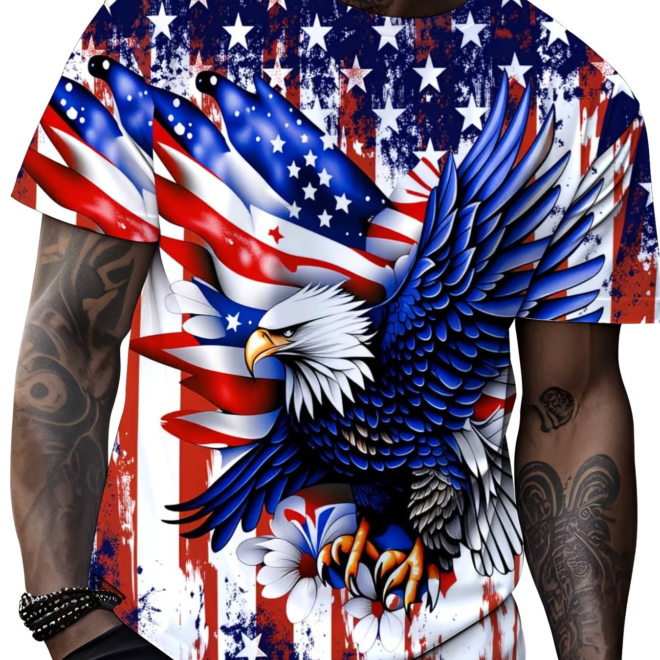 TEMU Men's American Flag & Eagle T-shirt - Patriotic Usa Day Themed Crew Neck Short Sleeve Shirt With Bald Eagle Print, Casual Wear Suitable For 4th