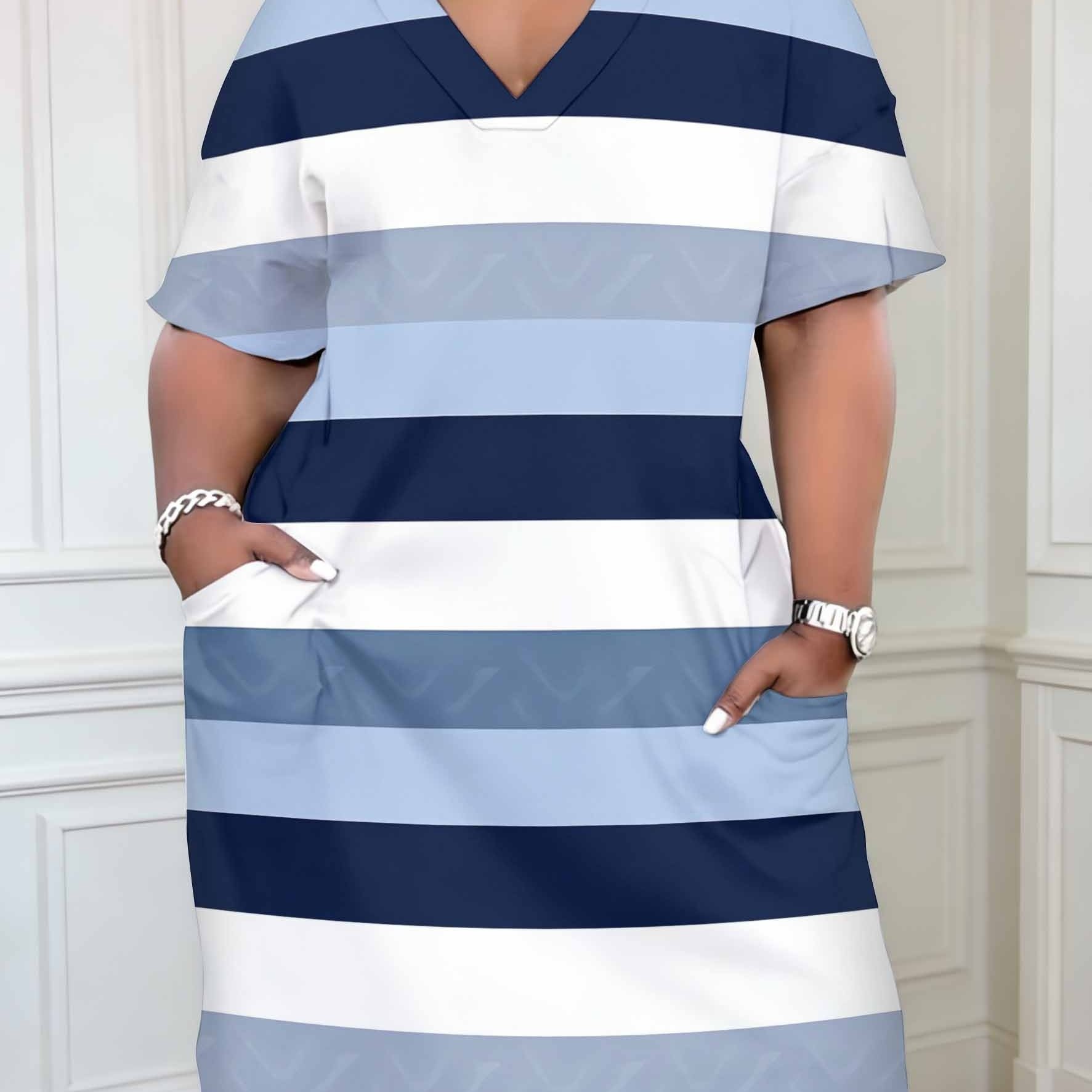 TEMU Striped Casual Dress V Neck With Pockets Navy Blue For Women Gift For Or Family Perfect For Summer And Spring