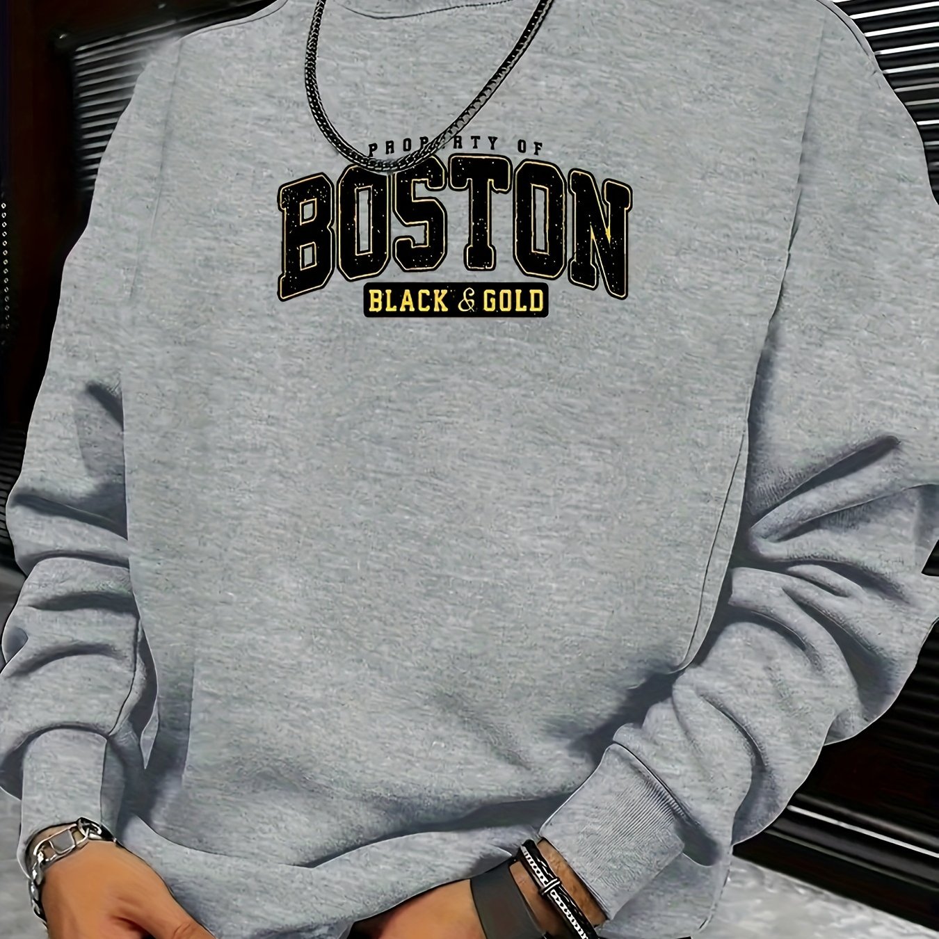 TEMU Casual Crew Neck Sweatshirt With Boston Black & , Polyester With Medium Stretch, Regular Fit Long Sleeve Knit For Men