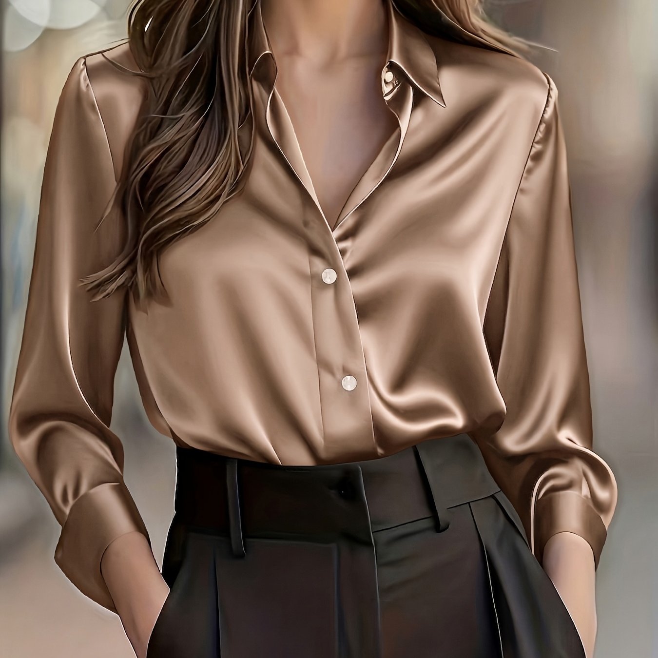 TEMU Plus Size - Plus Size - Spring Summer Plus Size Women' Satin Blouse With Collar And Straight Button-up Long Sleeve Design, Skin-friendly Casual