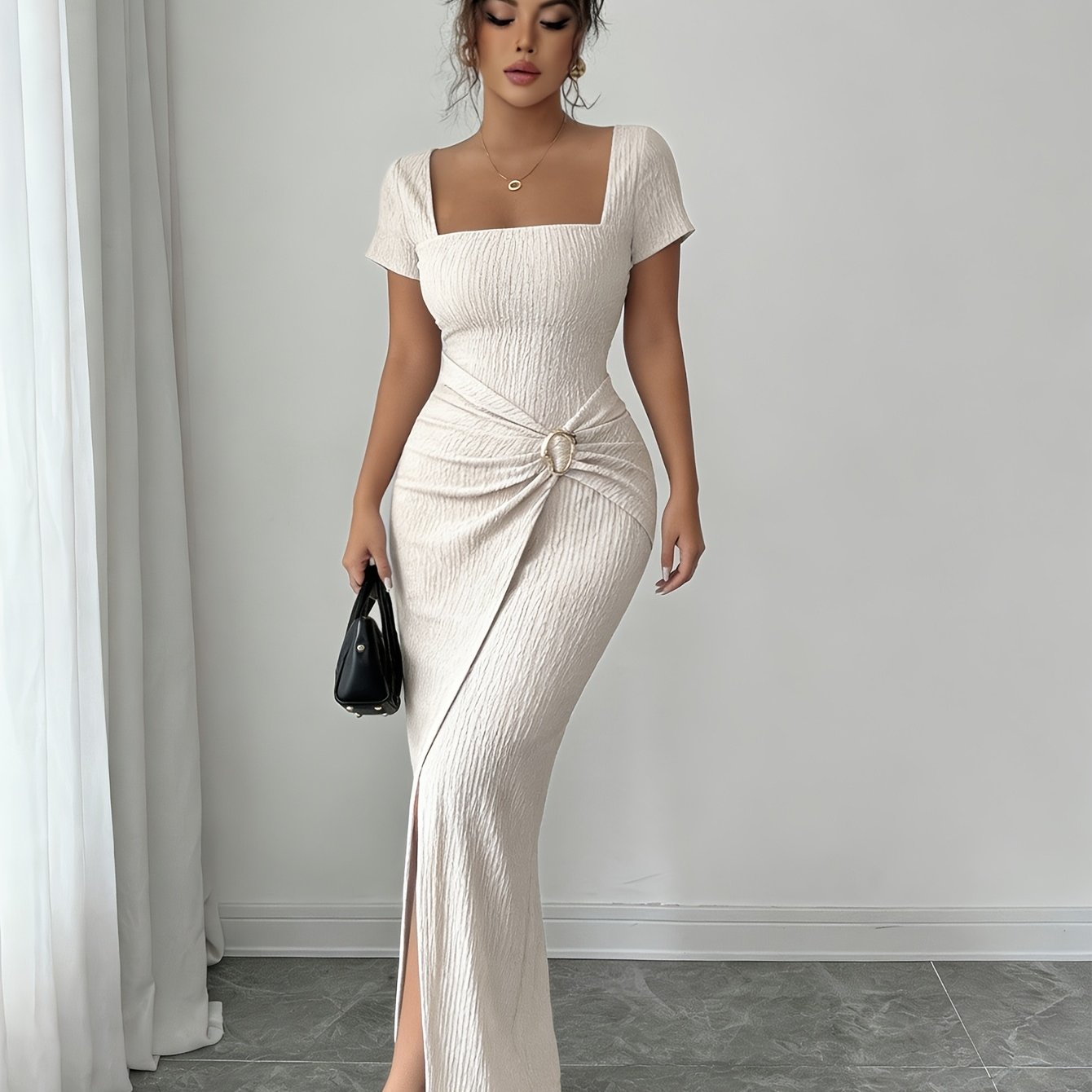 TEMU Irregular Neckline Slit Bodycon -hugging Dress, Sexy Hot Long Dress