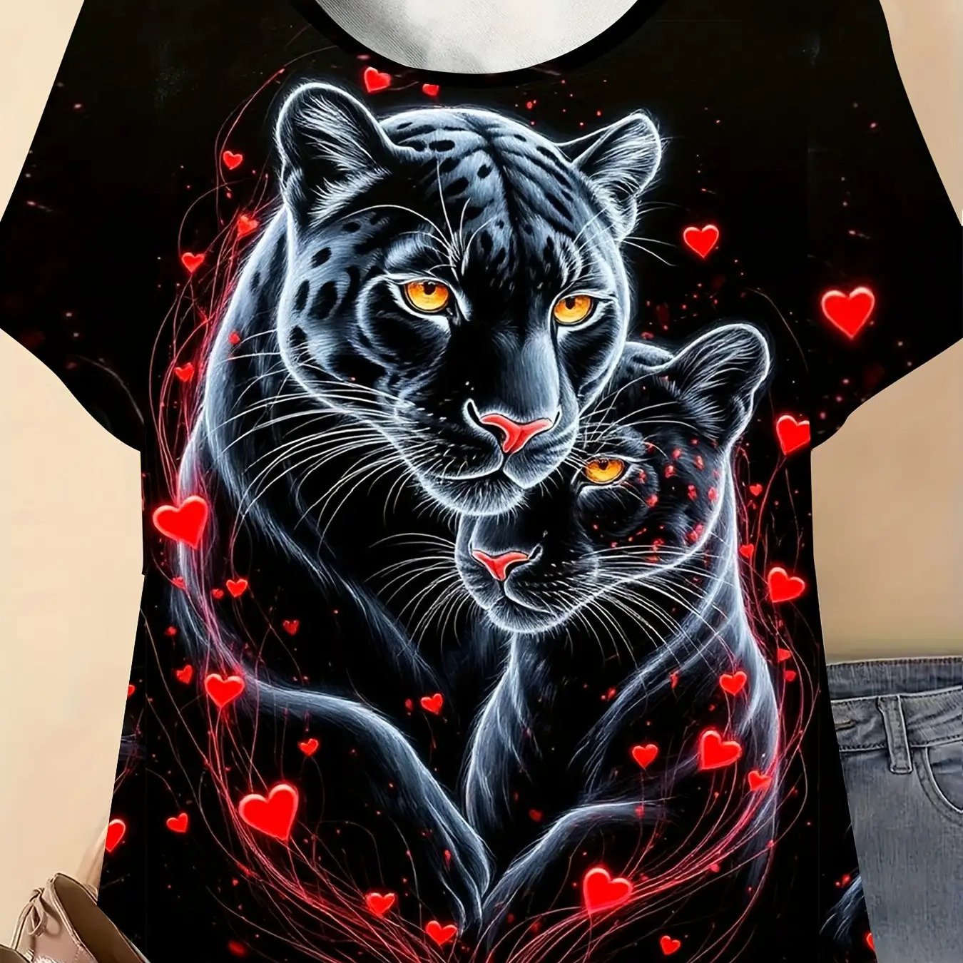 Image of Plus Size - Plus Size - Plus Size Women's 3d Printed T-shirt, Black And Print With Cat And . Loose Fit, Round Neck, Short Sleeve Top, In Sizes 0xl To 7xl, Machine Washable