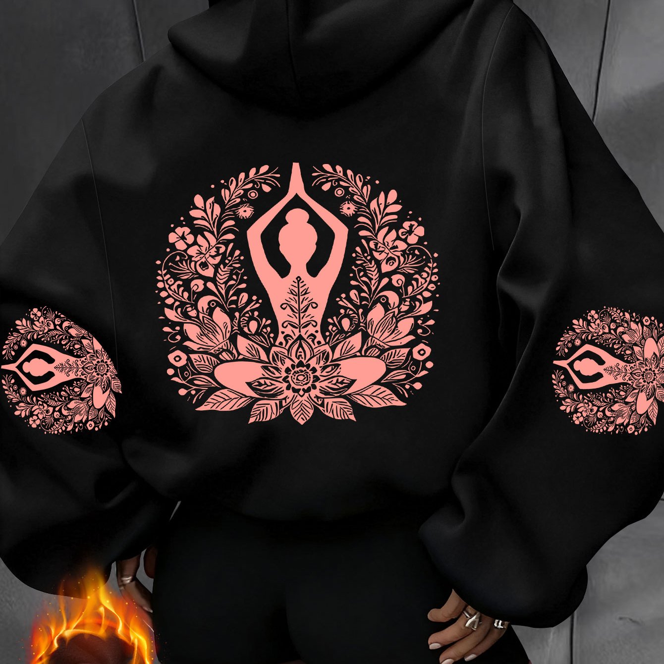 TEMU Women's Spring Fashion Casual Athletic Hooded Sweatshirt, Yoga Figure And Floral Combination Print, Elegant Casual , 100% Fabric, Suitable For