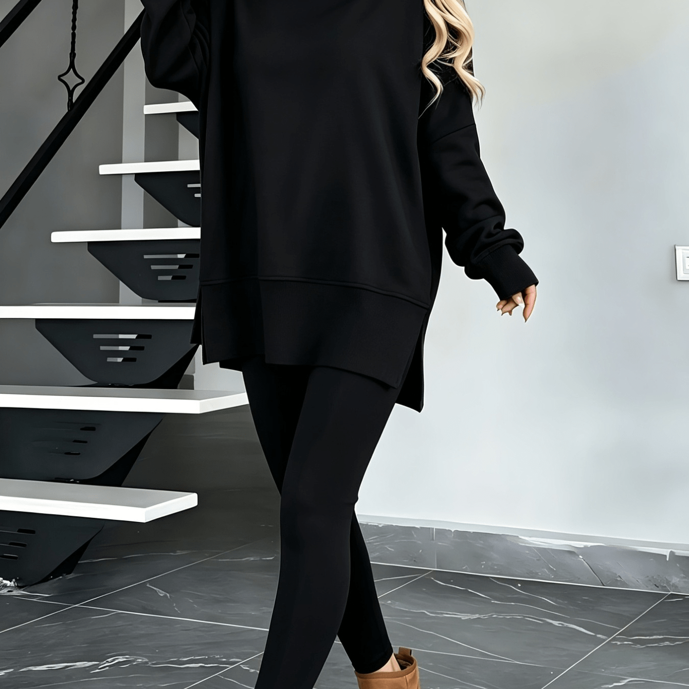 TEMU Women's Loose-fit 2pcs Loungewear Set: A Round-neck Hoodie With Side Slits With Ribbed Leggings - A Popular Y2k Street-style Outfit For Autumn