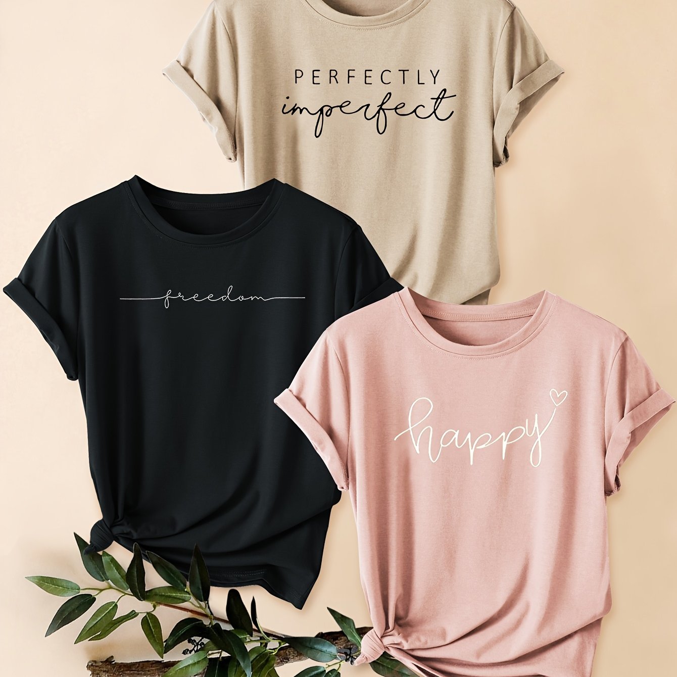 TEMU 3pcs Set, Letter English Fashion Retro Style Women's Casual Athletic Style Round Neck Short Sleeve T-shirts