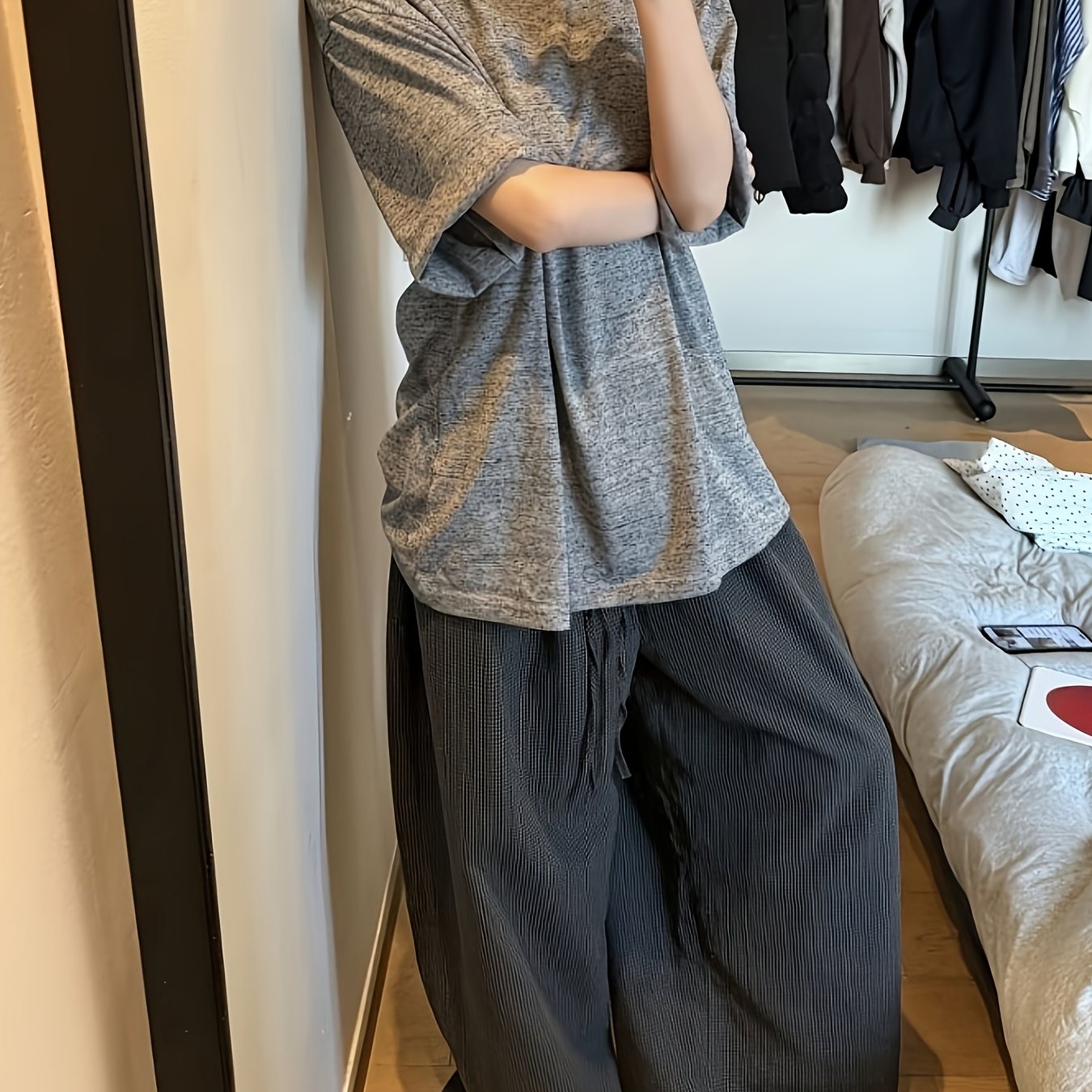TEMU Retro Casual Trousers Lazy Loose Floor-length Drawstring Straight Wide-leg Pants