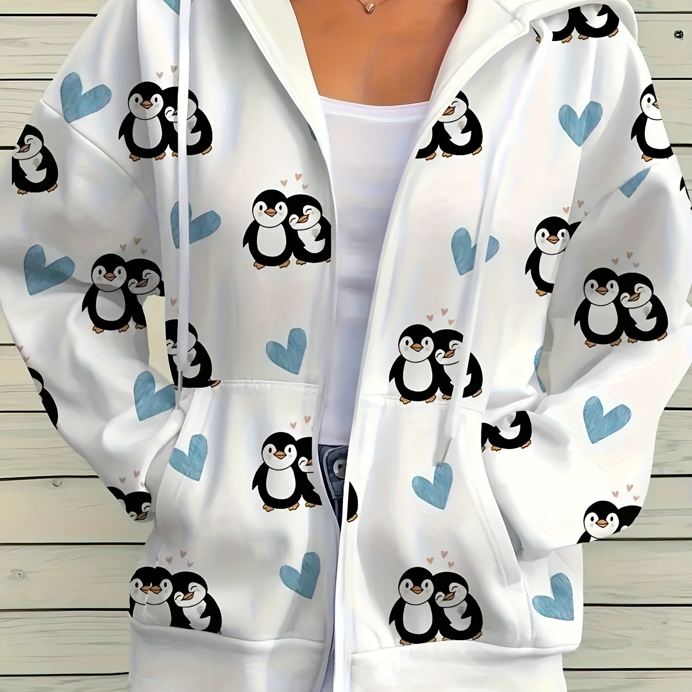 TEMU Plus Size, Plus-size Women's Zip-up Hoodie With Cute And Blue Heart Print, Featuring A Sweet And -themed Style. Made From A Stretchy