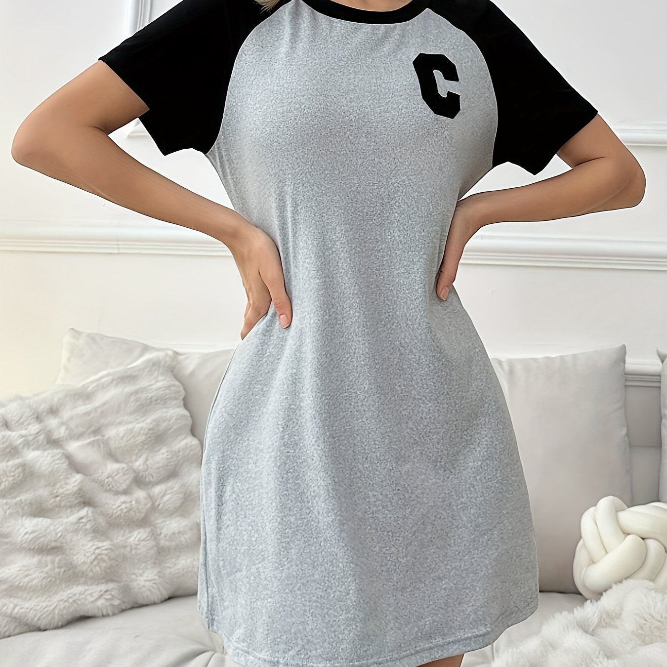 TEMU Short-sleeved Dress With C Letter Print For Women, Summer Round Neck Nightdress, Outfit【qyr Middle Special 】