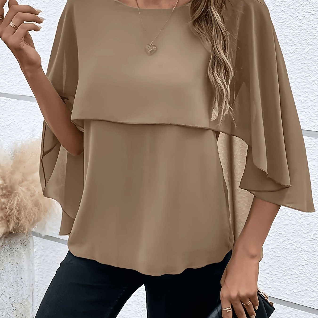 TEMU Women's Pleated Solid Casual Three-quarter Sleeve Round Neck Top, For Daily Wear, Suitable For Spring, Summer, And Autumn [t112]