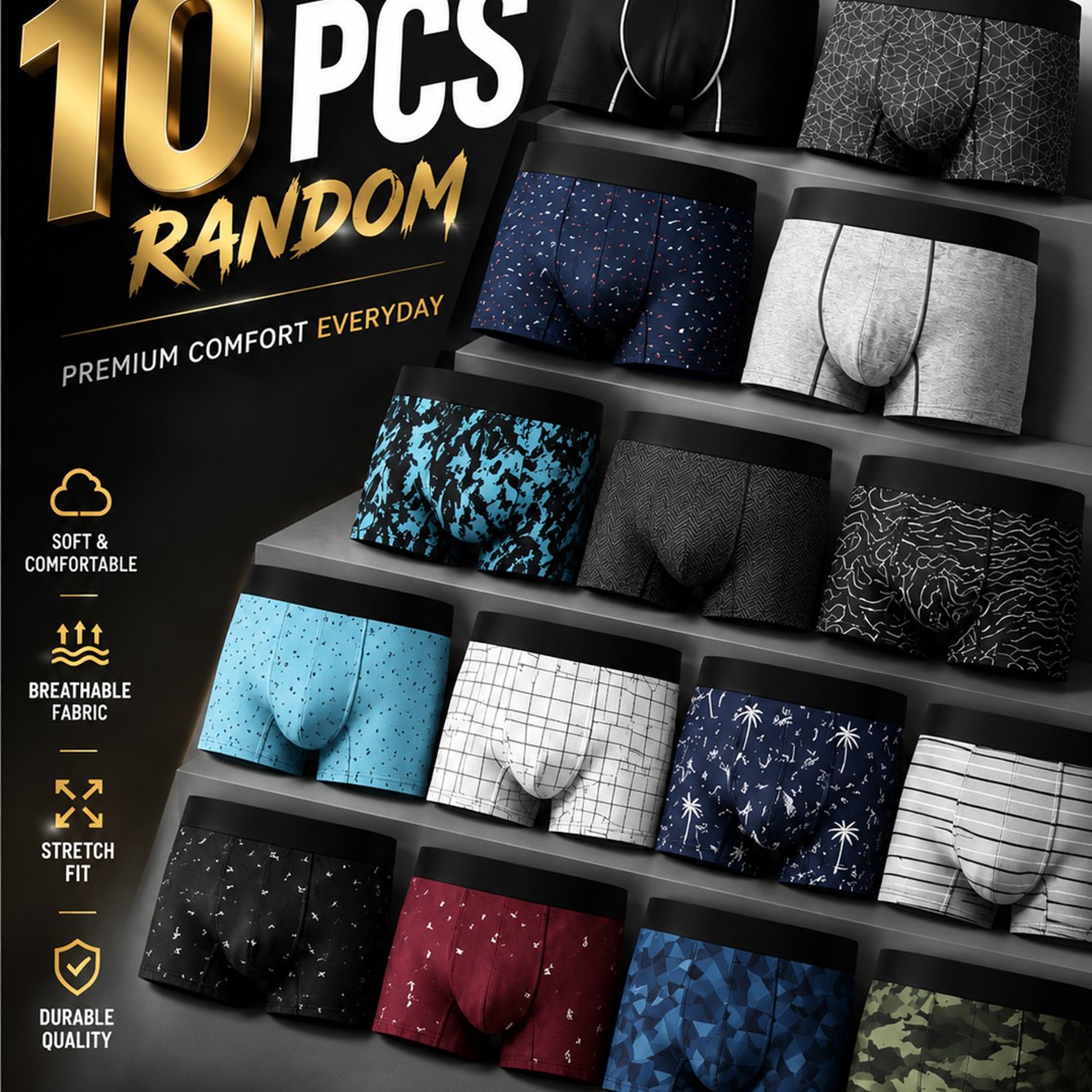 Image of Random 10pcs Men's Boxer Briefs Set, Random Assorted Styles & Combinations, Classic Boxer Brief Design, Fabric For Flexible Movement, Ideal For Daily Life, Leisure And Sports