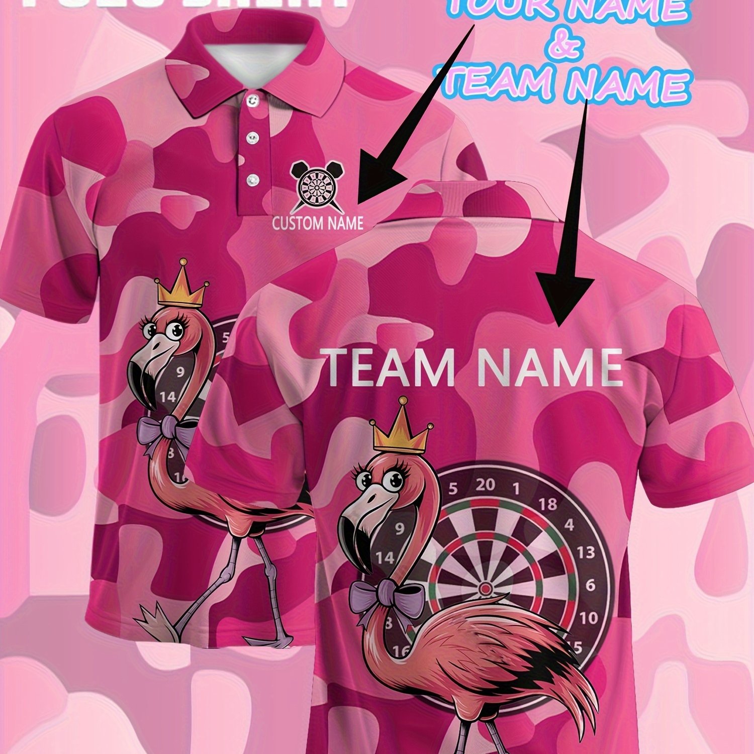 TEMU Men's Custom Dart Shirt - Personalized Name/team, Pink Flamingo And Dart Design, Lightweight Breathable For Dart Players, Casual And Competition