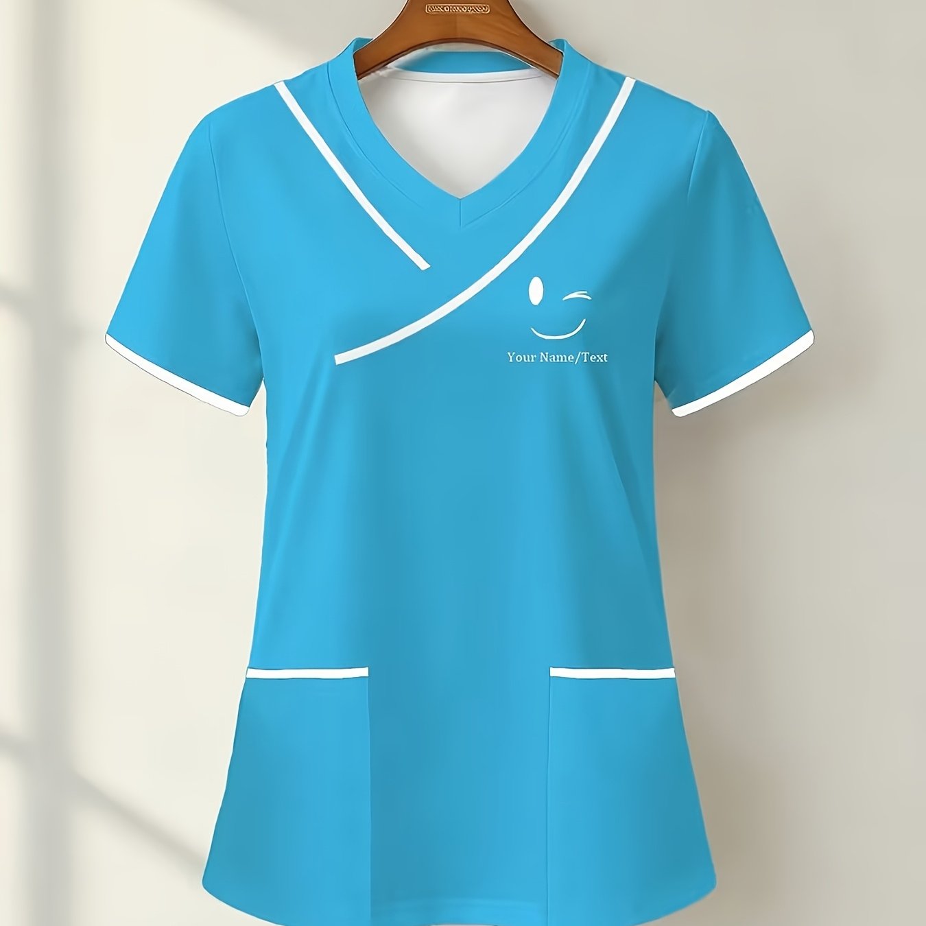 TEMU [customization] Custom Name Women's Color-block V-neck Short Sleeve T-shirt, Short Sleeve V-neck Top With Pocket, Machine Washable, Double