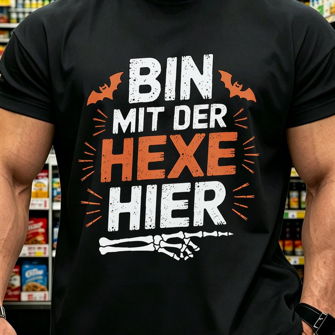 Image of Gothic T-shirt With German Witch And - Oversized Retro Style, Ideal For Themed Outfits, Gym, And Costume Parties With " With The Witch" Slogan, Machine Washable Short Sleeve Shirt For , For Halloween