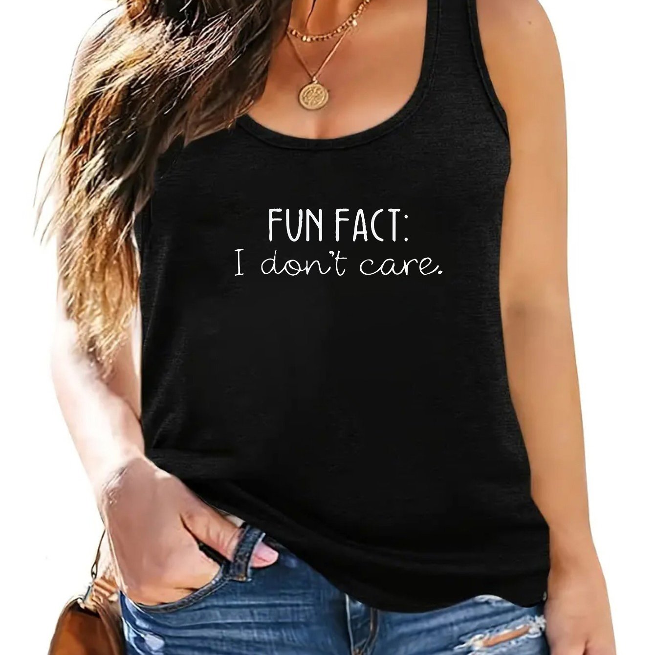 TEMU Plus Size - Plus Size - Plus Size â Plus Size - Women's Plus Size Sleeveless Crew Neck Top With ": 't Care" Slogan - Oversized Casual Summer