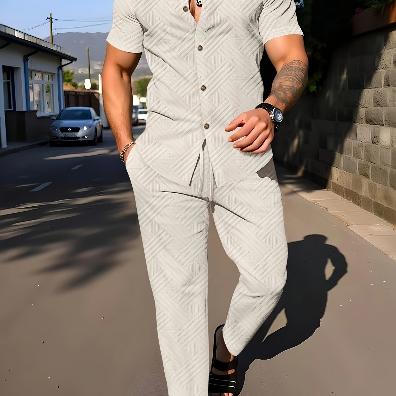 TEMU [villa Le Water Obm] Men's 2pcs Set Of Jacquard Textured Short-sleeve Button-up Shirt And Long Pants, Casual Summer Beachwear