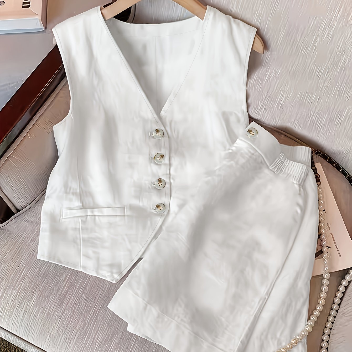 TEMU 2pcs Women's Summer French V-neck Sleeveless Vest And Elastic Waist Straight Short Shorts