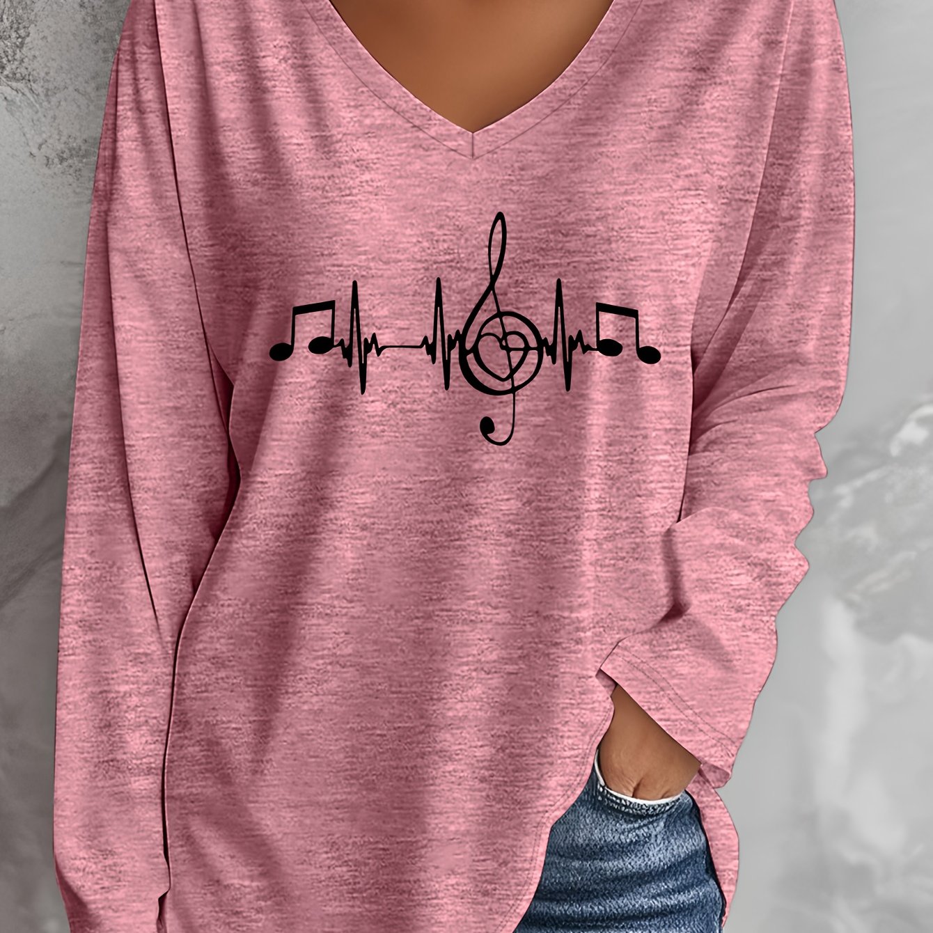 TEMU Plus Size, /summer Size Women's Casual V-neck Long Sleeve T-shirt With Musical Note Print, Rayon Blend - Soft, , Machine Washable, Loose Fit For