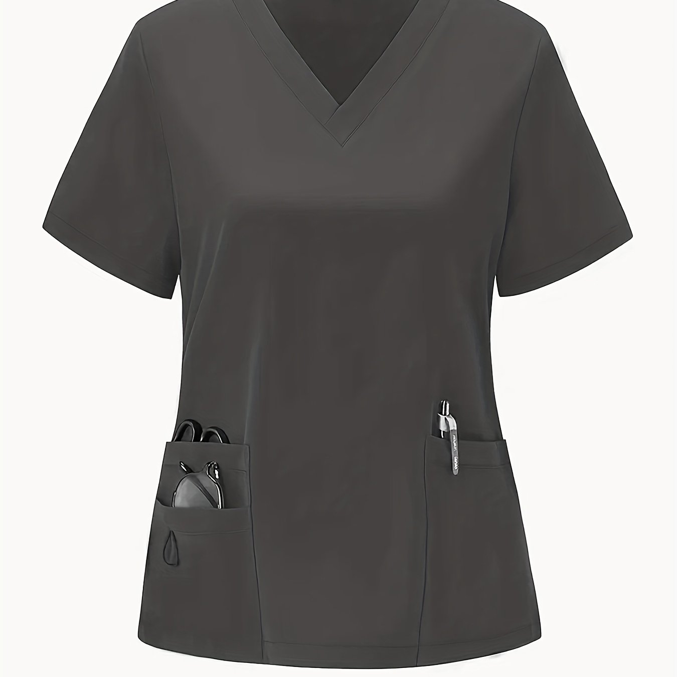 TEMU Modisches Freizeit-Arbeits-Top für Damen mit V-Ausschnitt, S-Uniform, Handwäsche-Top mit Aufbügel-Applikation, Top mit mattiertem Finish