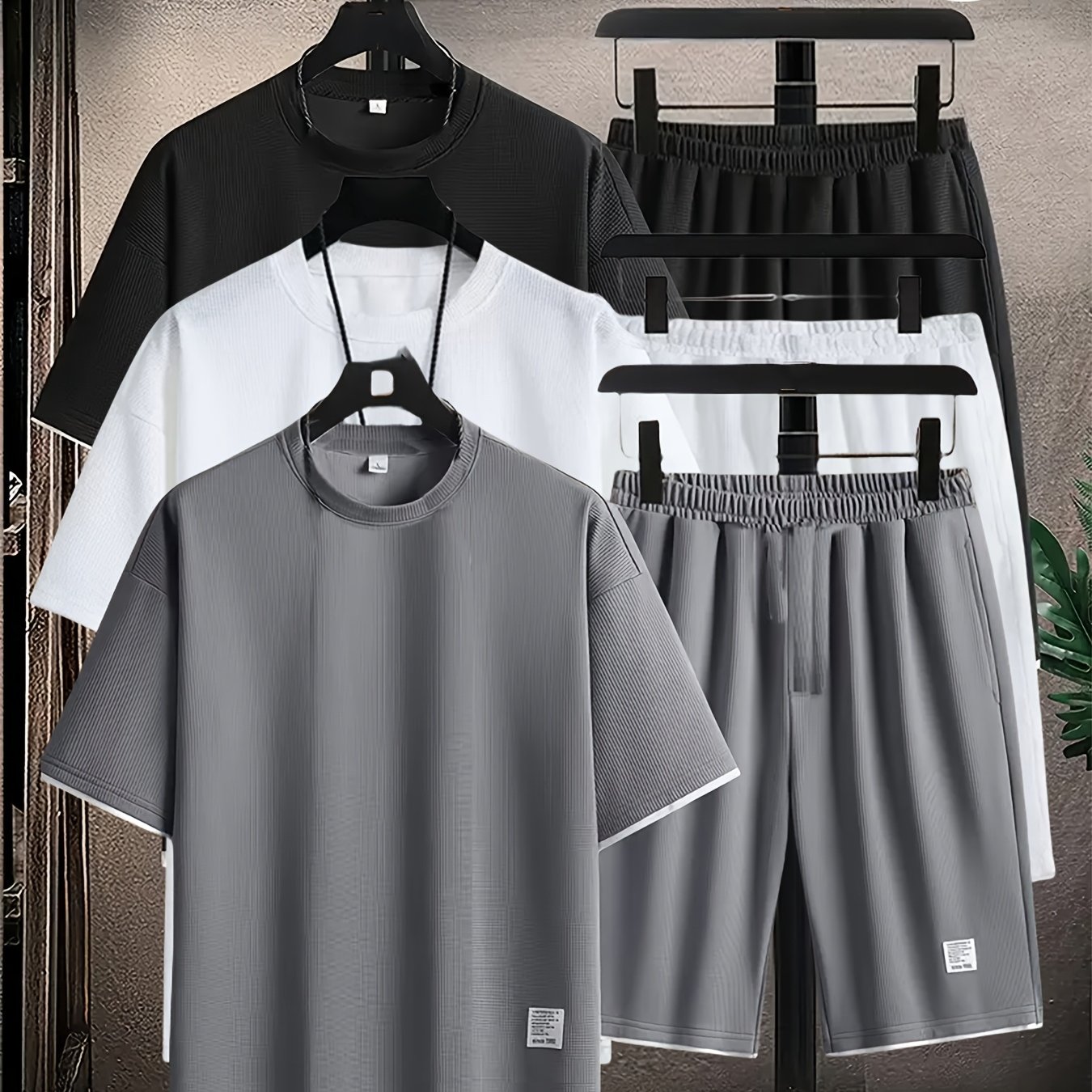 TEMU 6pcs Waffle Knit Men's Loungewear Set: Soft And Comfortable Short-sleeve Top + Shorts Pajama Set, Short Sleepwear Combo With Elastic Waist,