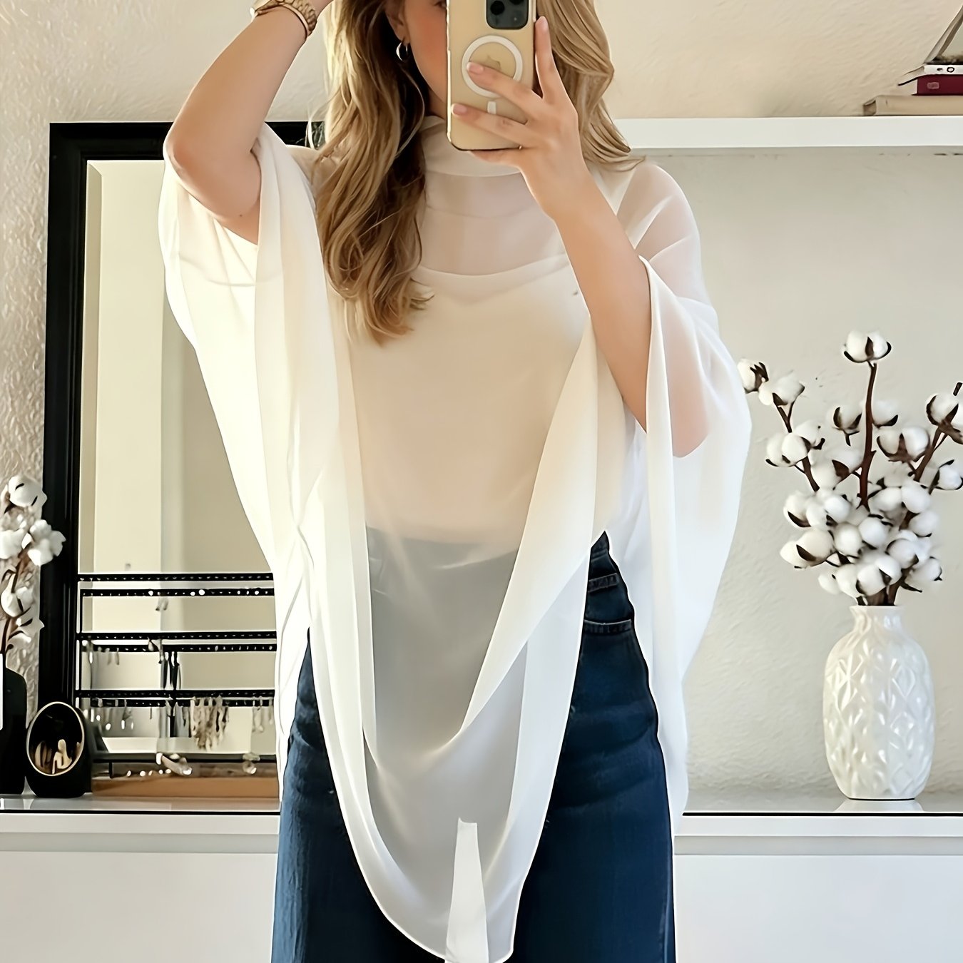 TEMU Women's Asymmetrical Hem Chiffon Top, Casual Blouse, Inner Layer Not Included