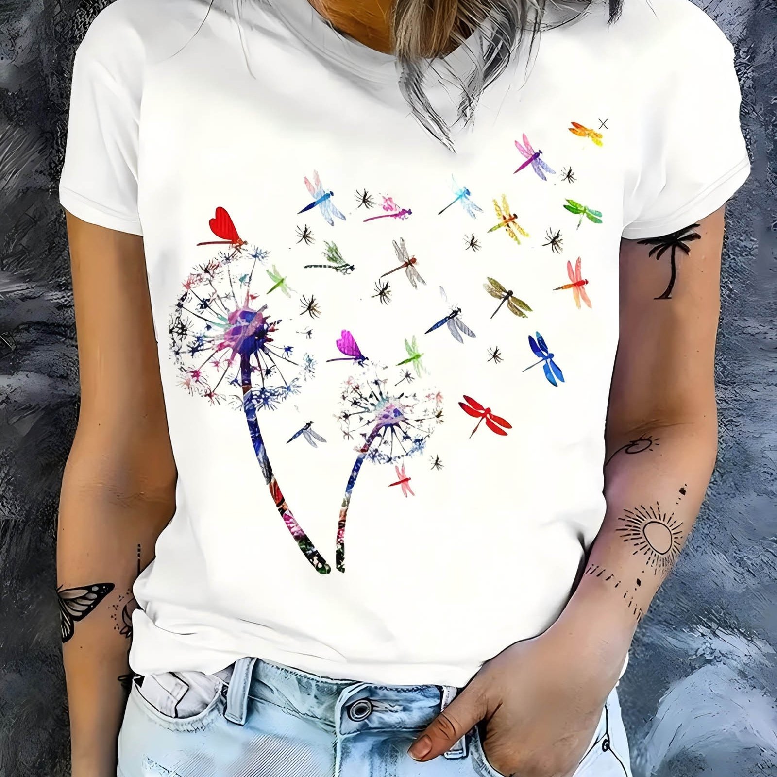 TEMU Women's Beautiful Blouse Top, Colorful Dragonfly Combination Dandelion Fashion Top, Women's Elegant Top, Women's Round Neck T-shirt, Spring New