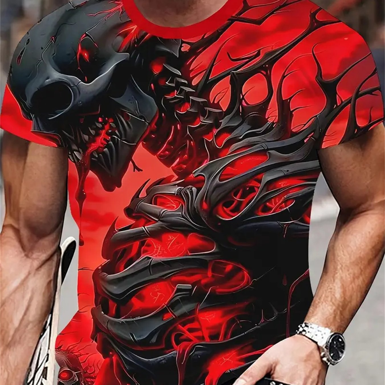 E-shop Sommer Totenkopf 3D Druck T-Shirt Street Herren Casual Mode Oversized Rundhals Kurzarm Top Rot Schwarz Totenkopf Kleidung