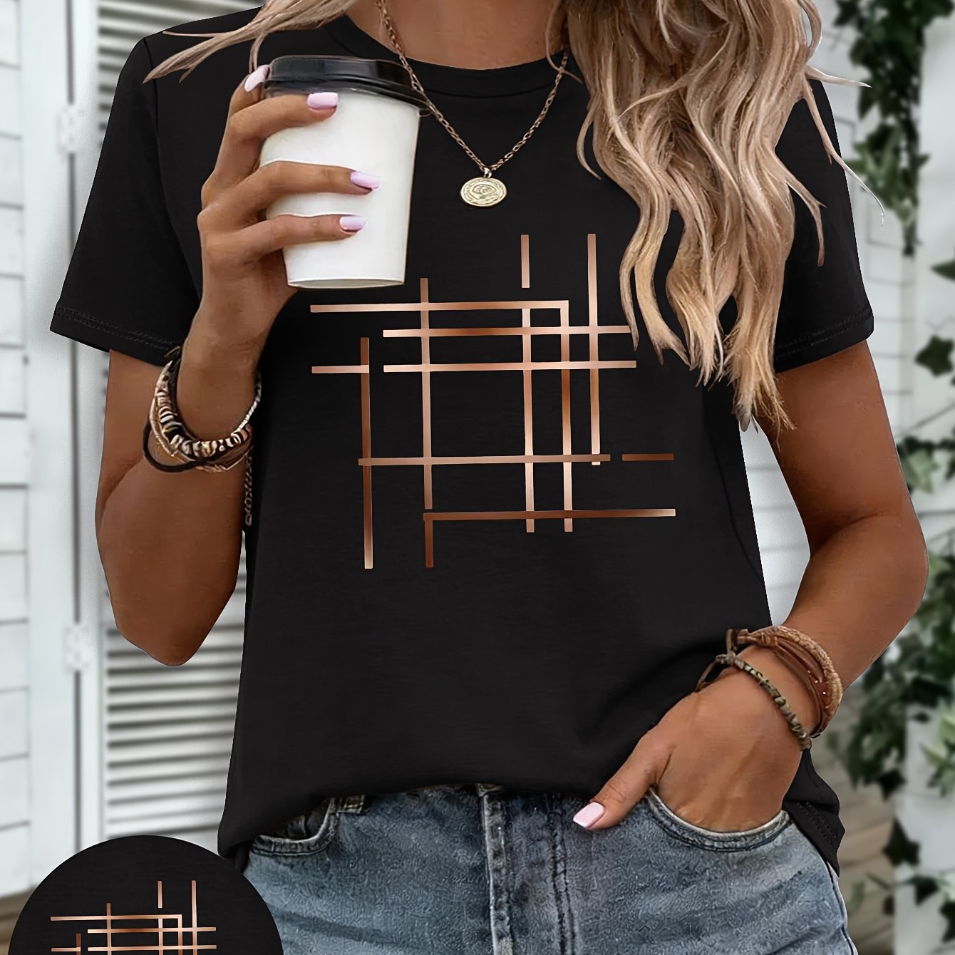 Image of A Geometric Lines Pattern Designed Pure T-shirt, Women's T-shirt, High Quality T-shirt, Summer Wear For Daily And , Gift For Who Love Minimalist Fashion