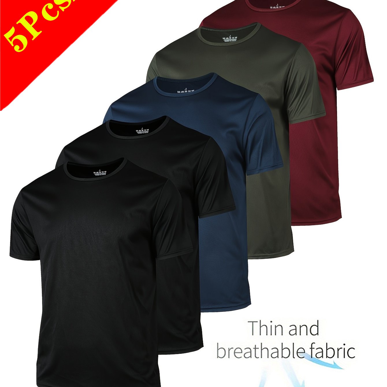 TEMU 5pcs Men' Moisture Wicking Quick Drying Round Neck T-shirt - Made Of Breathable And Slightly Stretchy Fabric, Soft And , Suitable For Gym,