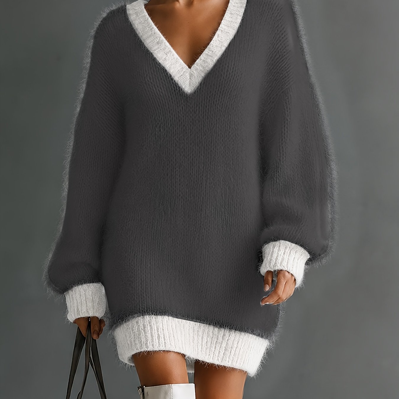 TEMU Vestido de felpa mullida para mujer con cuello en ribete y opción de varios colores , vestido holgado tipo de larga, vestido corto casual y
