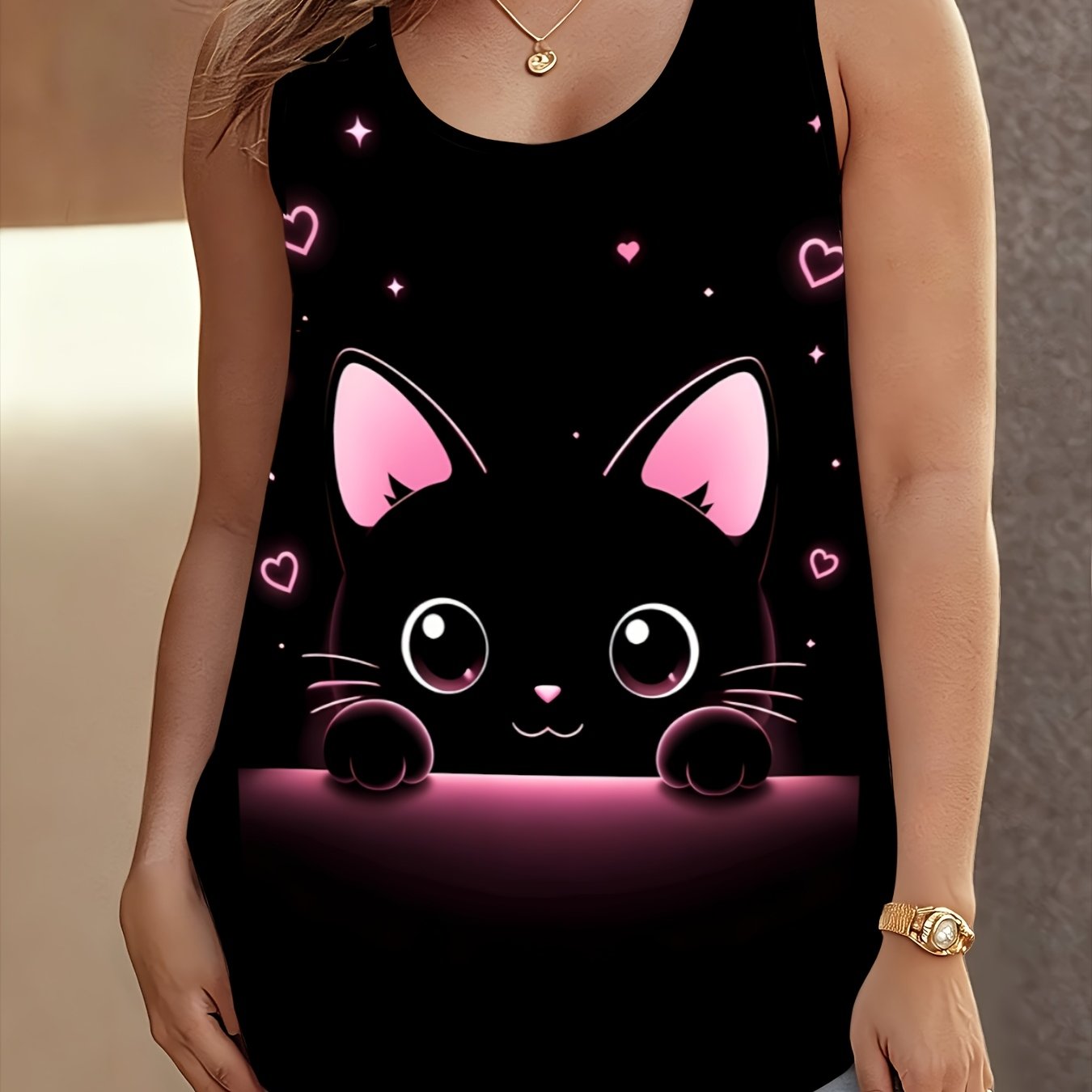 TEMU Women's Plus Size Round Neck Tank Top, Solid Black With A Small Black Cat Peeking Out With Big Eyes , Surrounded By Glowing And Fine Stardust,