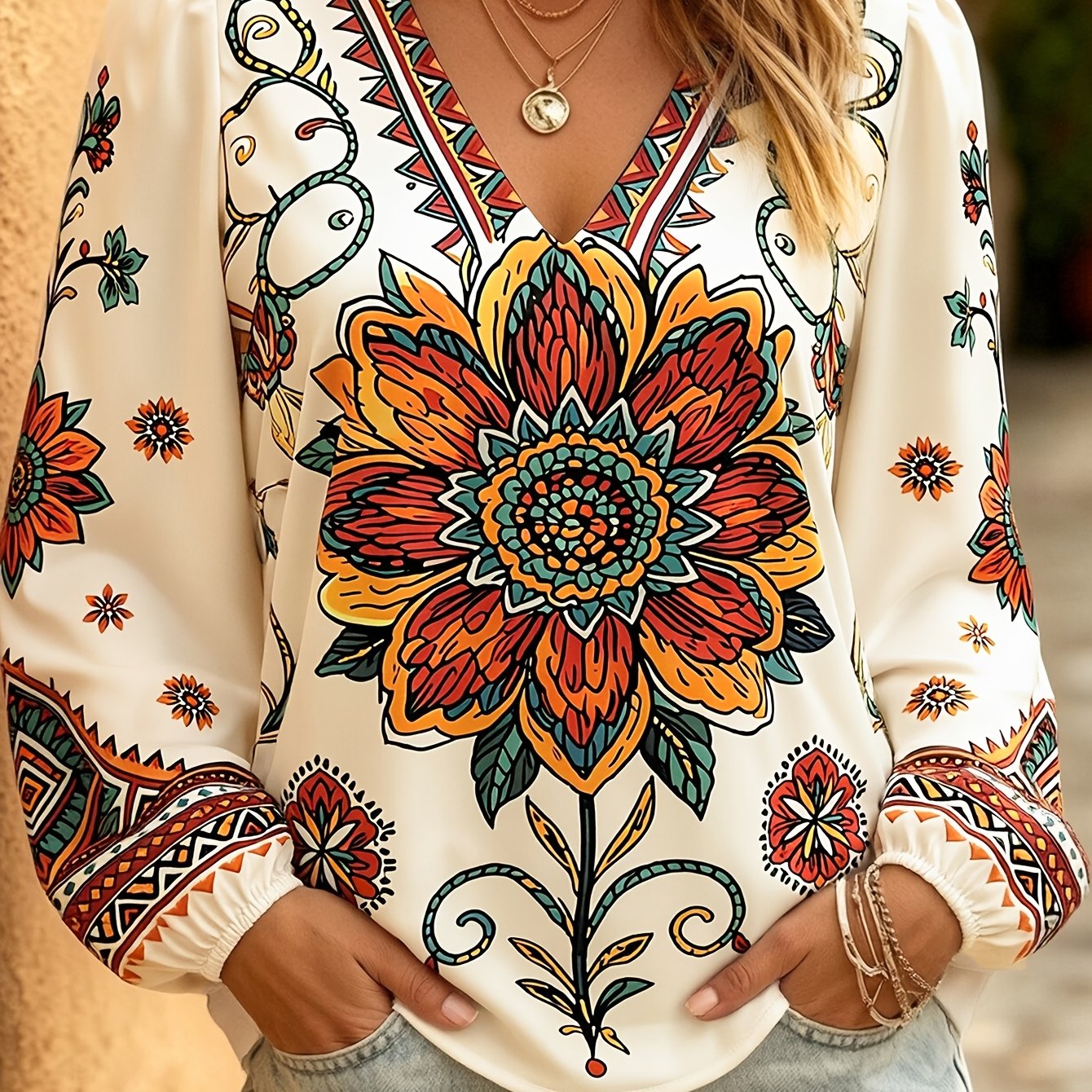 TEMU Top casual elegante con stampa, design vintage, maniche lunghe e scollo a V, per le vacanze e abbinabile a tutto. Abbigliamento da donna.