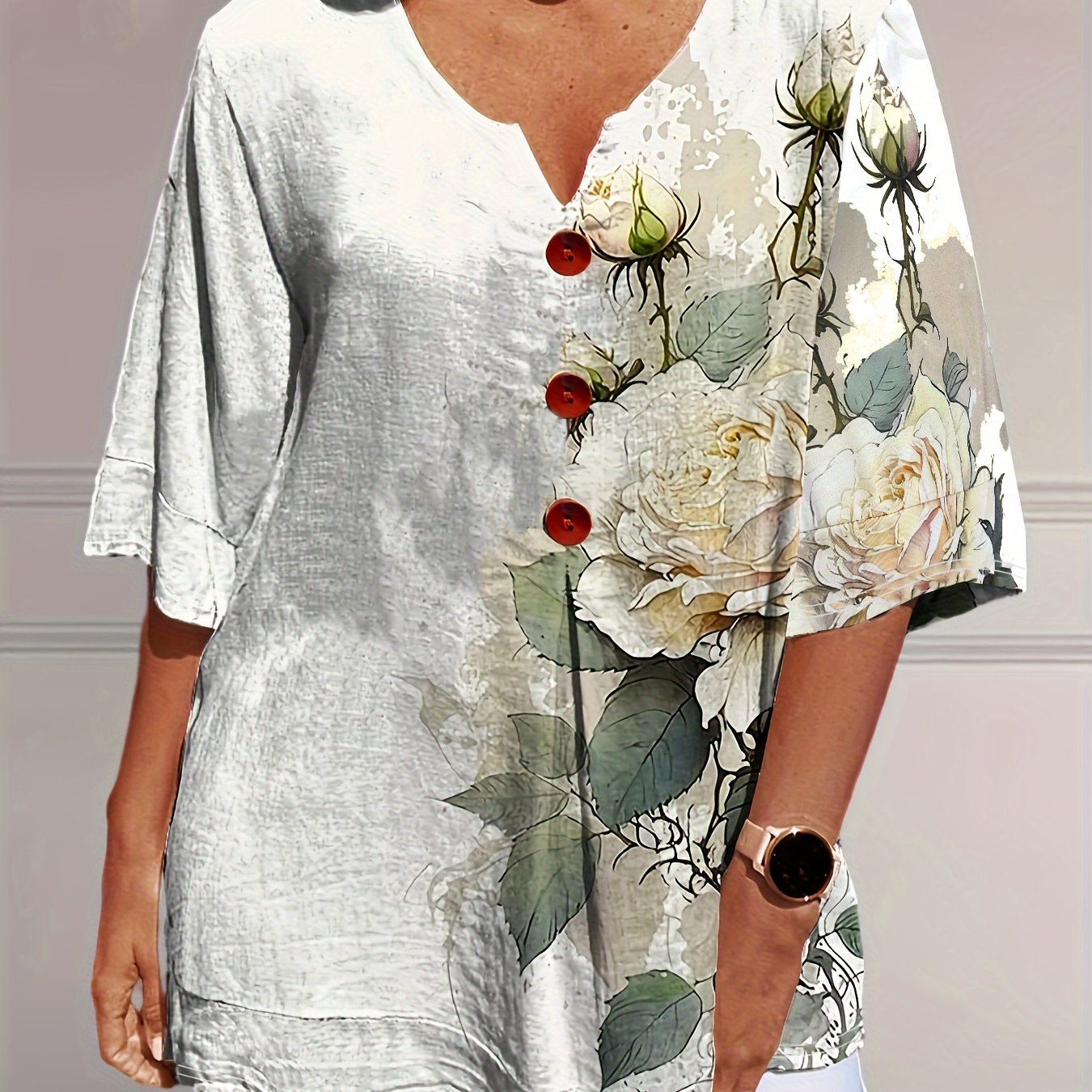 Image of Plus Size, Cross-border European And American Women's Fashion 2024 Summer Floral Print Loose V-neck Short-sleeve Button-up Shirt For Women