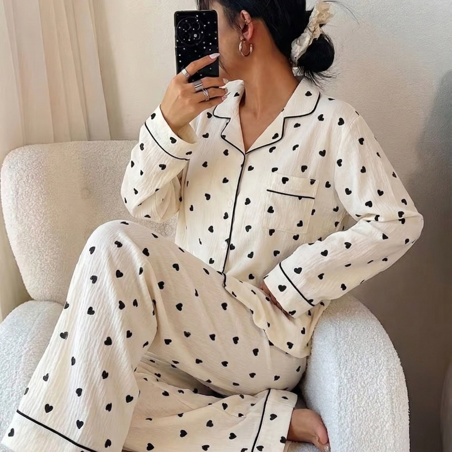 TEMU Heart Pattern Skin-friendly Comfortable Long Sleeve Button-up Pajama Set