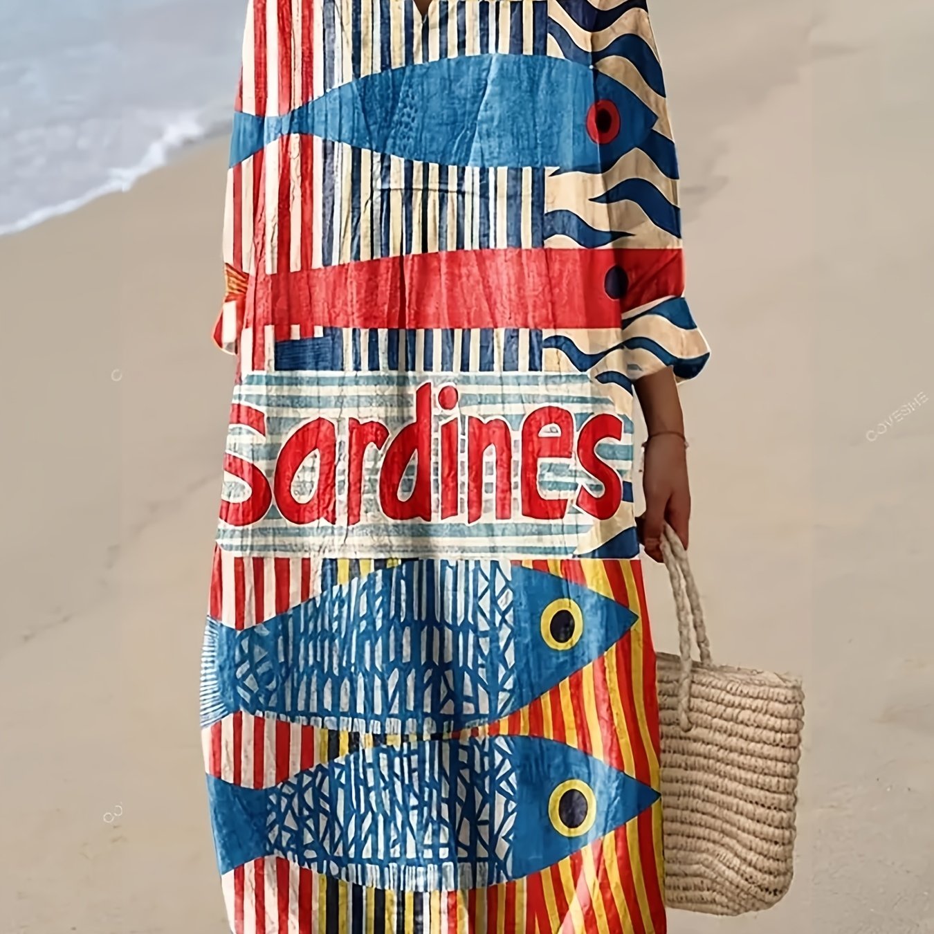 Image of Plus Size - Large Size 2d Flat Print Dress, Beach Vacation Print Women's Dress, Summer Loose Medium And Long V-neck Striped Fish Pattern Beach Dress