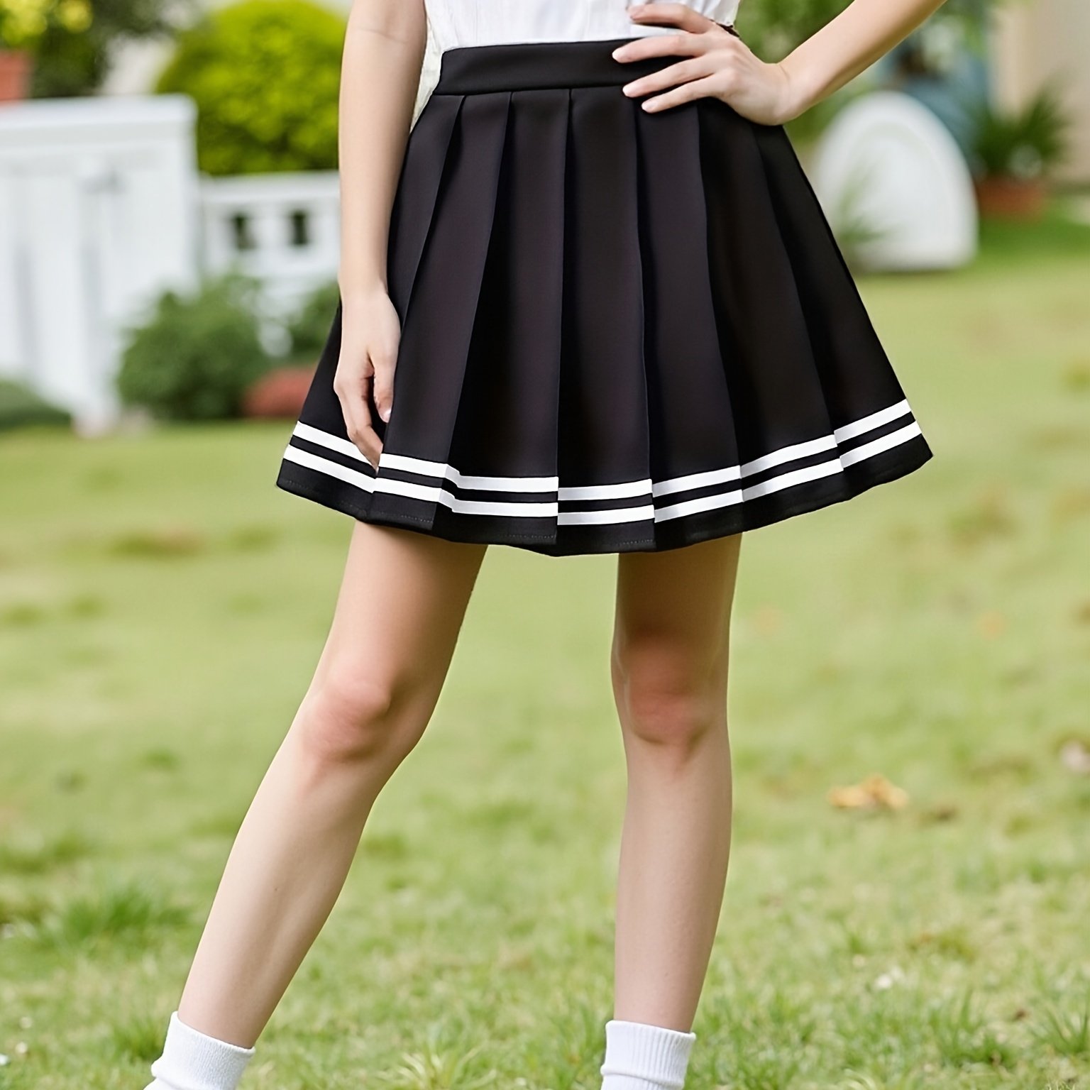 Image of Girls' Spring/summer Academic Style Versatile Slim-fit Double Stripe A-line Pleated Mini Skirt, Sizes 120-160