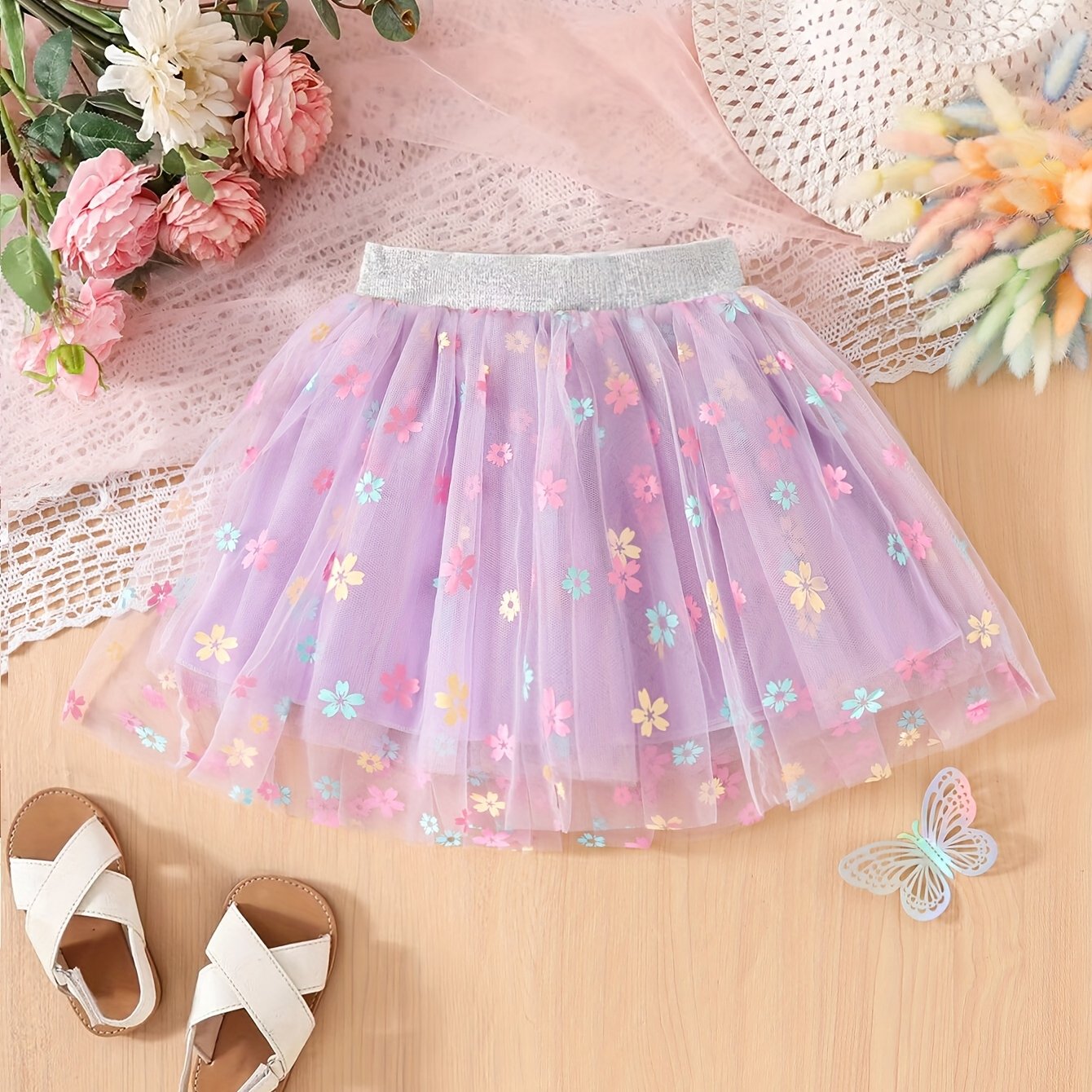 Image of Sunflower Print Versatile Skirt Fashionable Tutu Skirt Spring, Autumn, Winter And Summer Girls Short Skirt Festival Birthday Pleated Mesh Party Dress