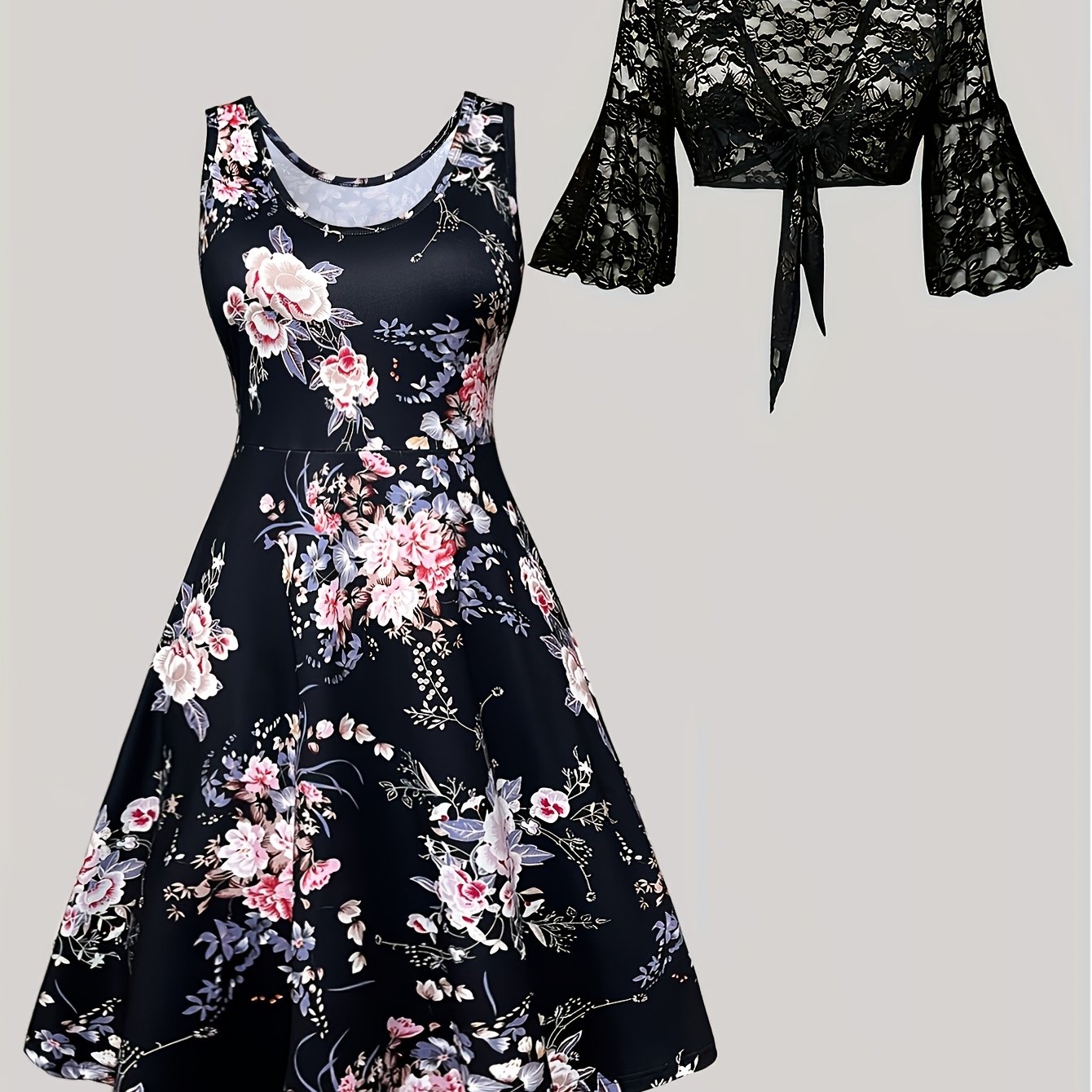 Image of Plus Size, Plus Size Women's Lace Coat Fashion Floral Print Vest Dress Two-piece Set