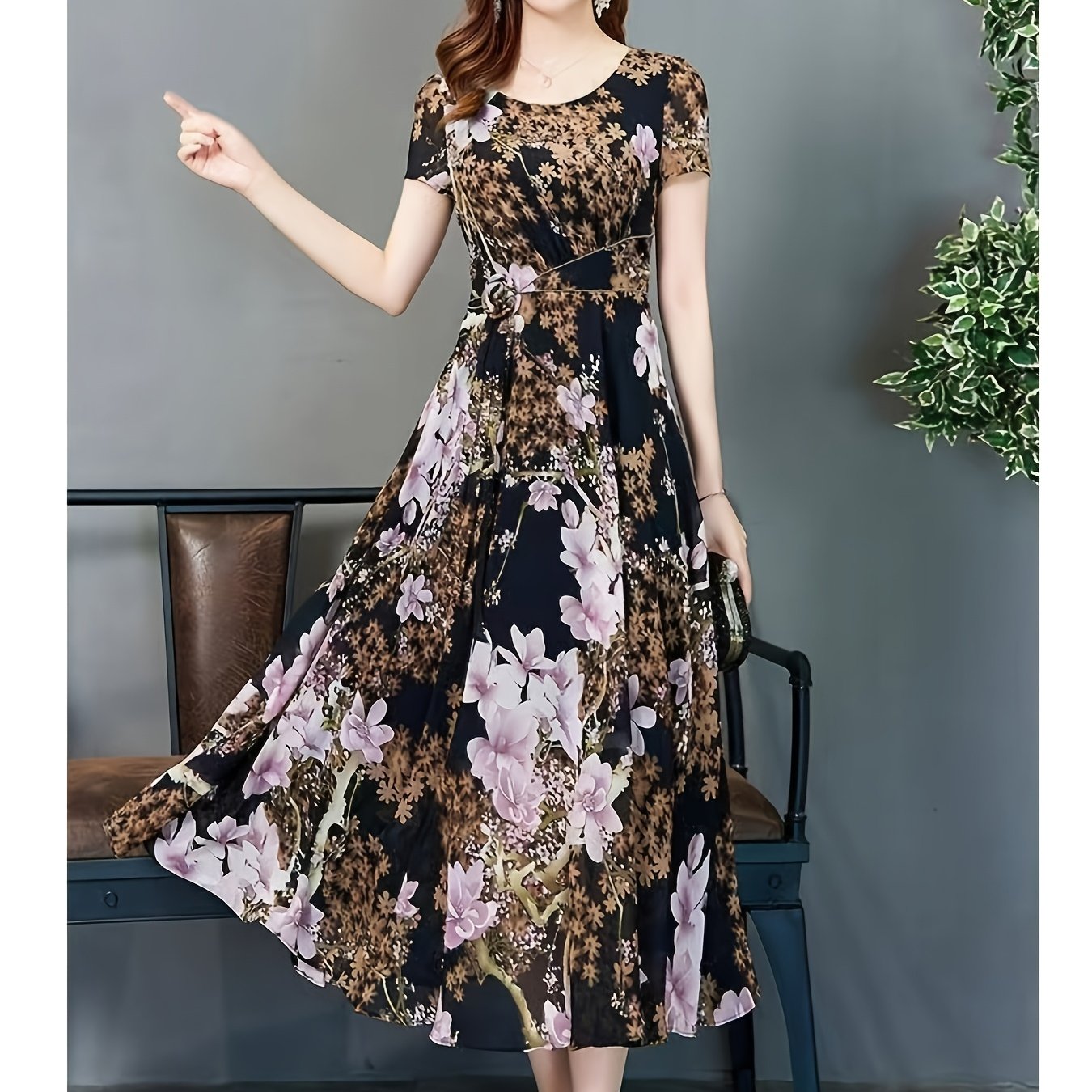 TEMU Blue Dress Retro Printing Dress For Dress Casual Dress Mature V Neck Long Dress Brown
