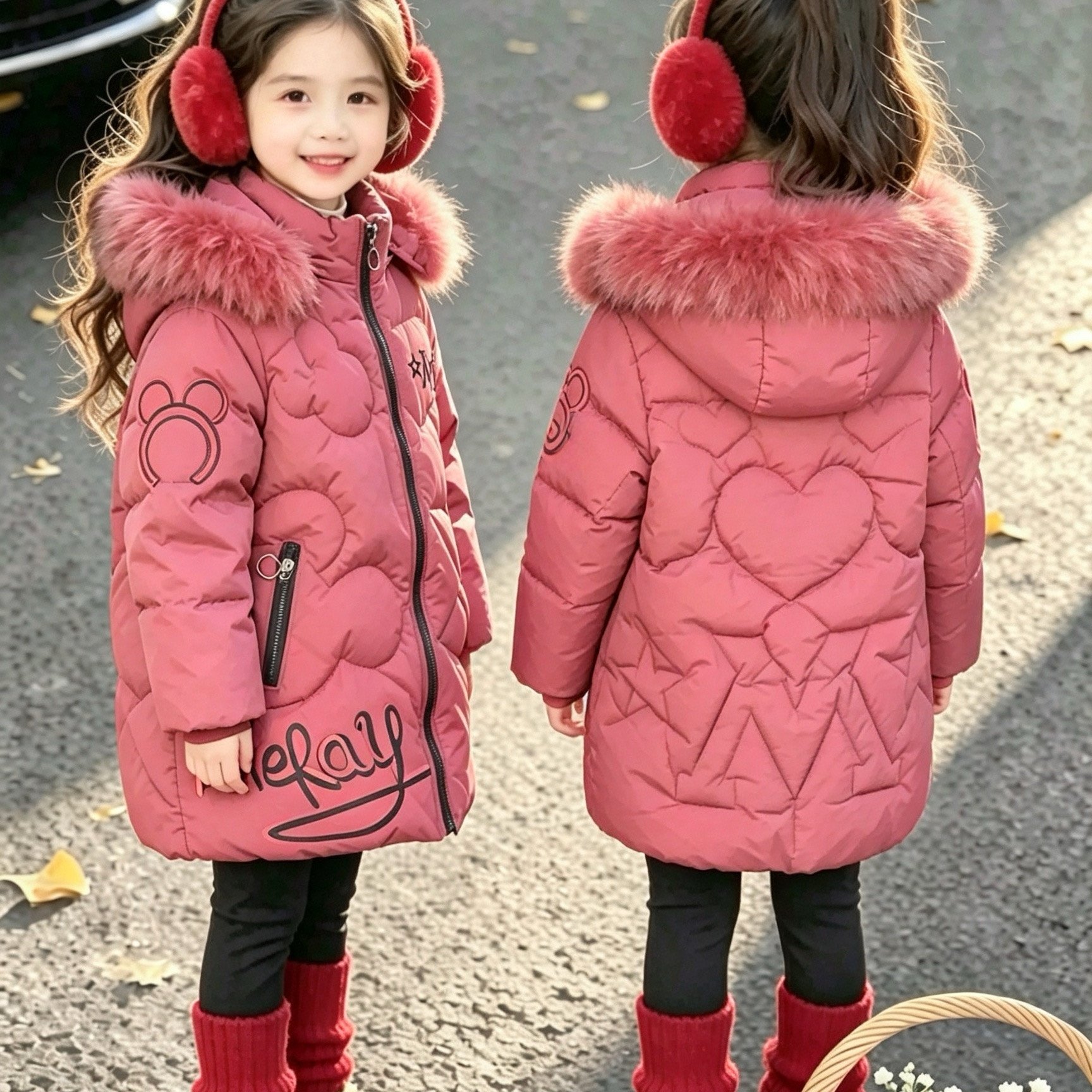 Image of Girls' Detachable Hooded Long-sleeved Warm Coat, Sizes 100-150 Suitable For Medium To Large Girls, Winter Cold Weather Outdoor Anti-cold Snowsuit Coat